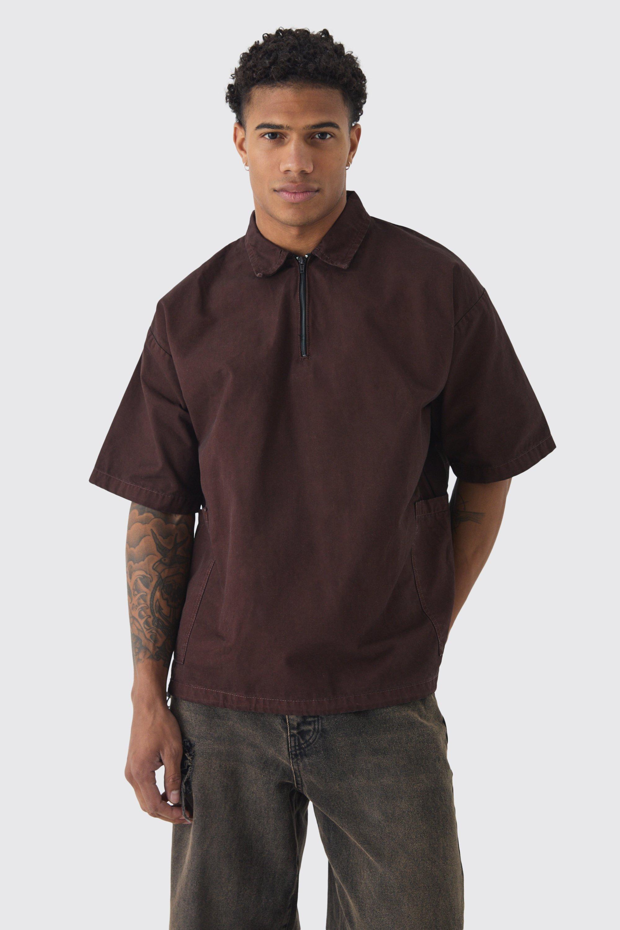 Camicia squadrata oversize in nylon effetto vellutato con zip corta, Brown