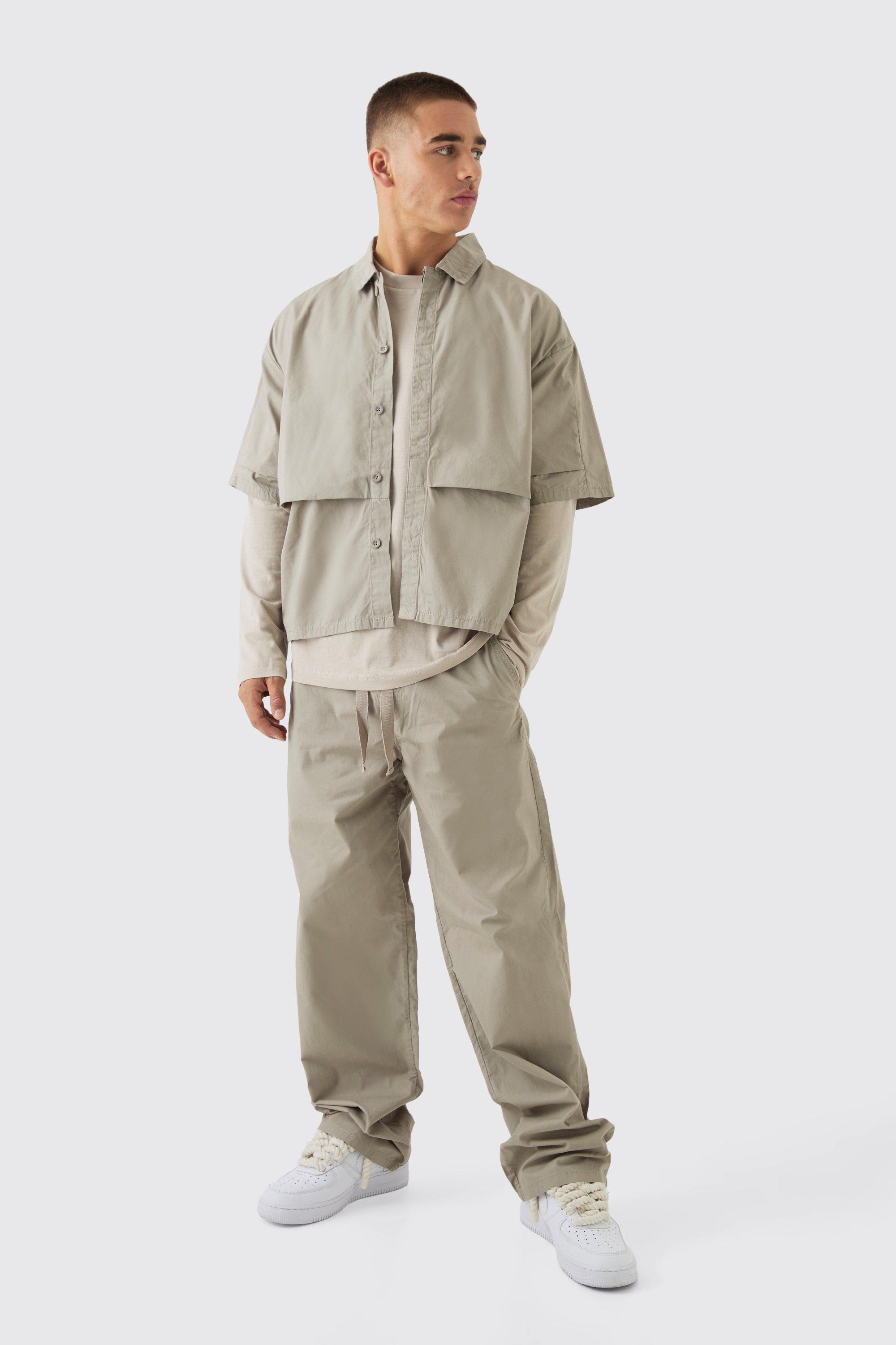 Mens Beige Oversized Boxy Pleat Front Peached Nylon Shirt & Trouser Set, Beige