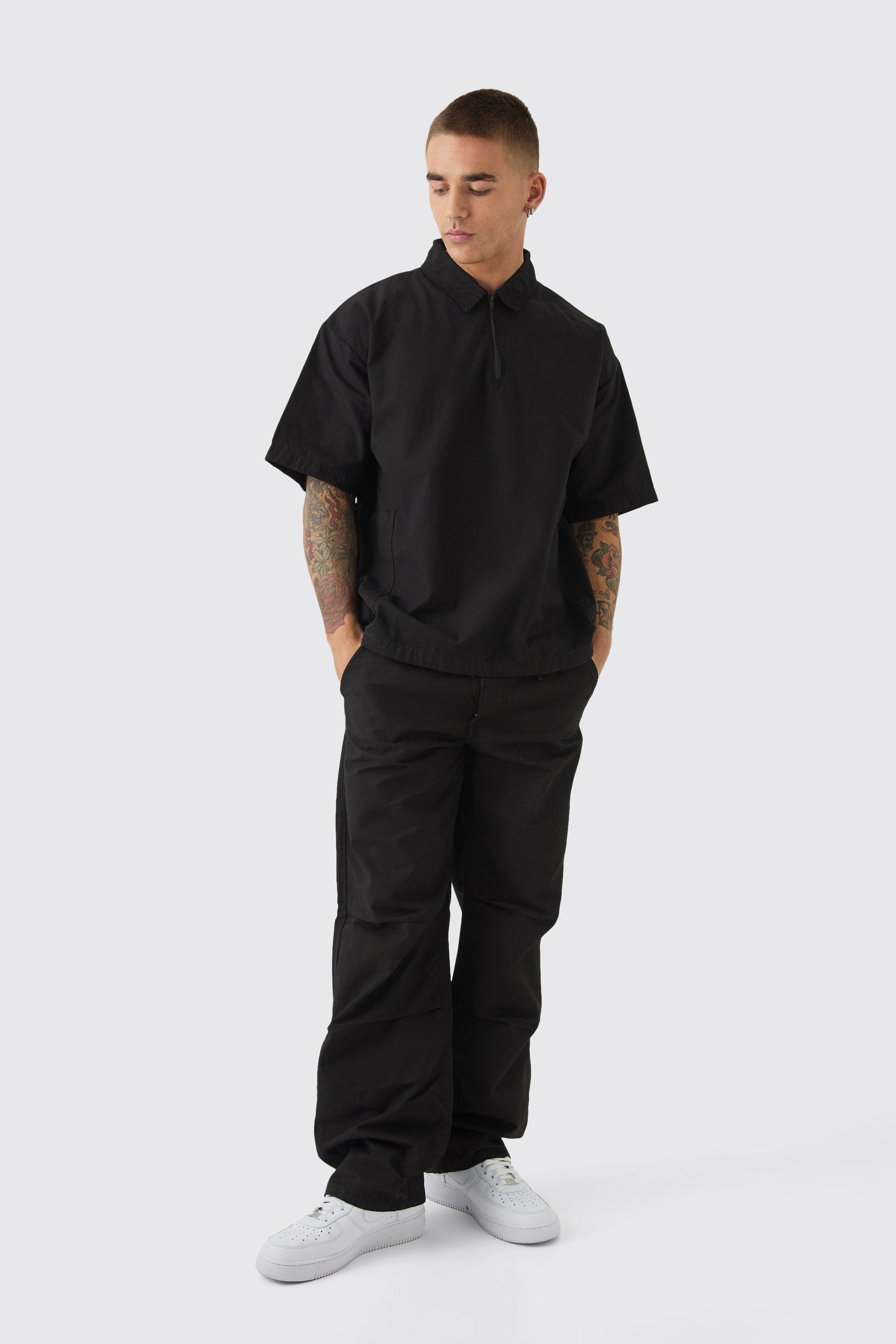 Set camicia squadrata oversize in nylon effetto vellutato con zip corta & pantaloni, Nero