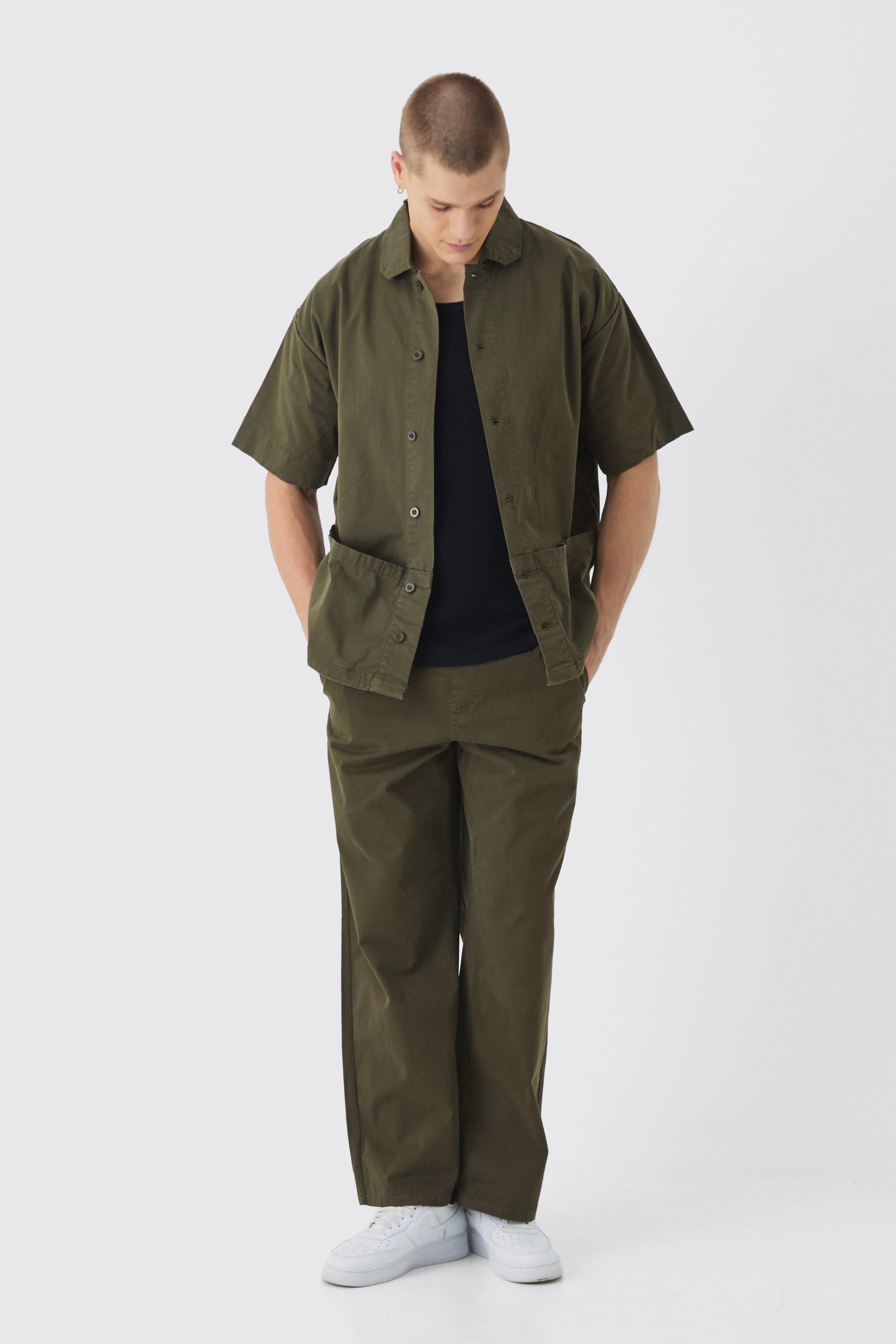 Set camicia squadrata oversize in twill con logo & pantaloni, Verde