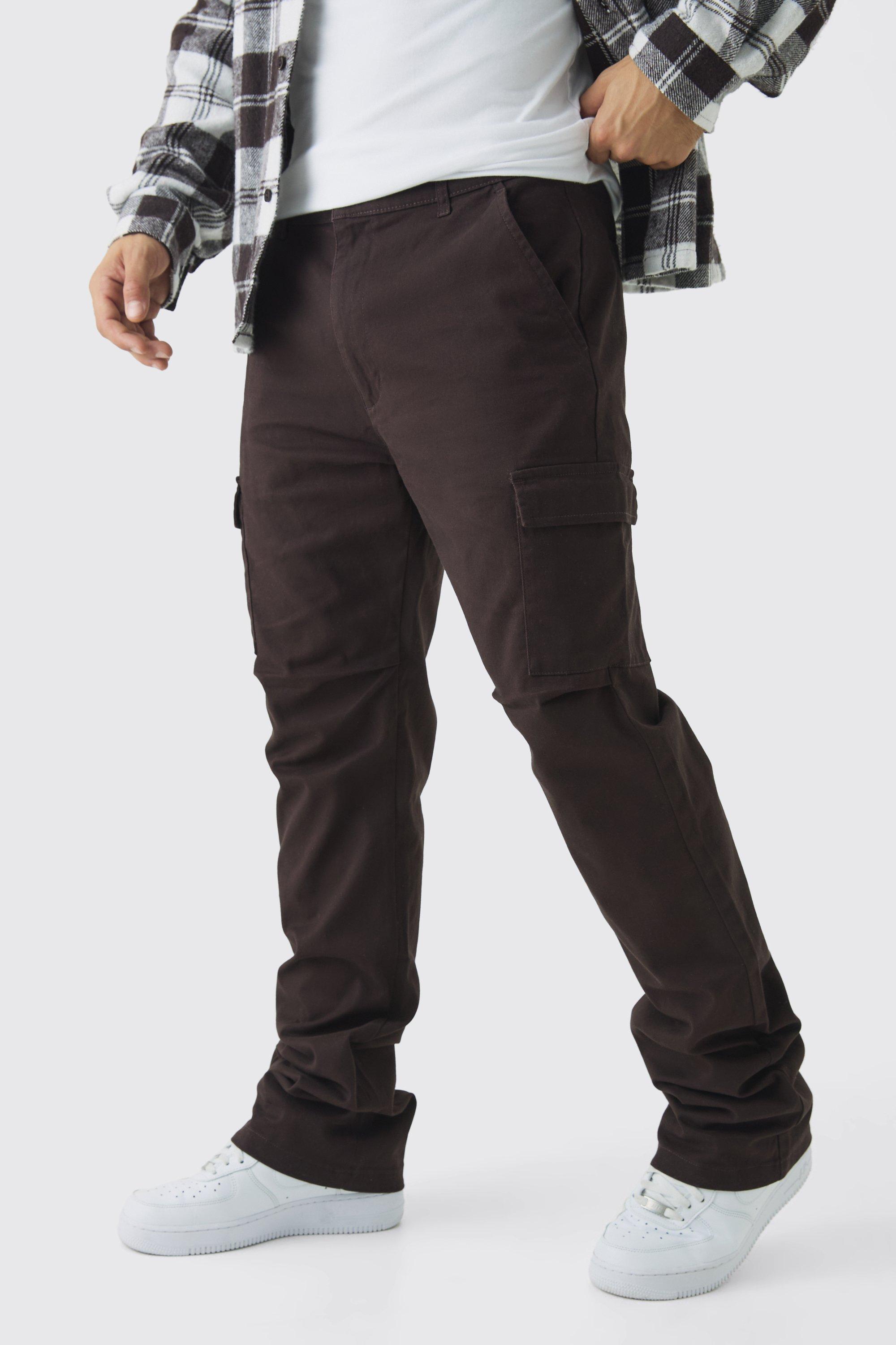 Boohoo Stacked Keperstof Slim Fit Flared Cargo Broek Met Tailleband, Dark Brown