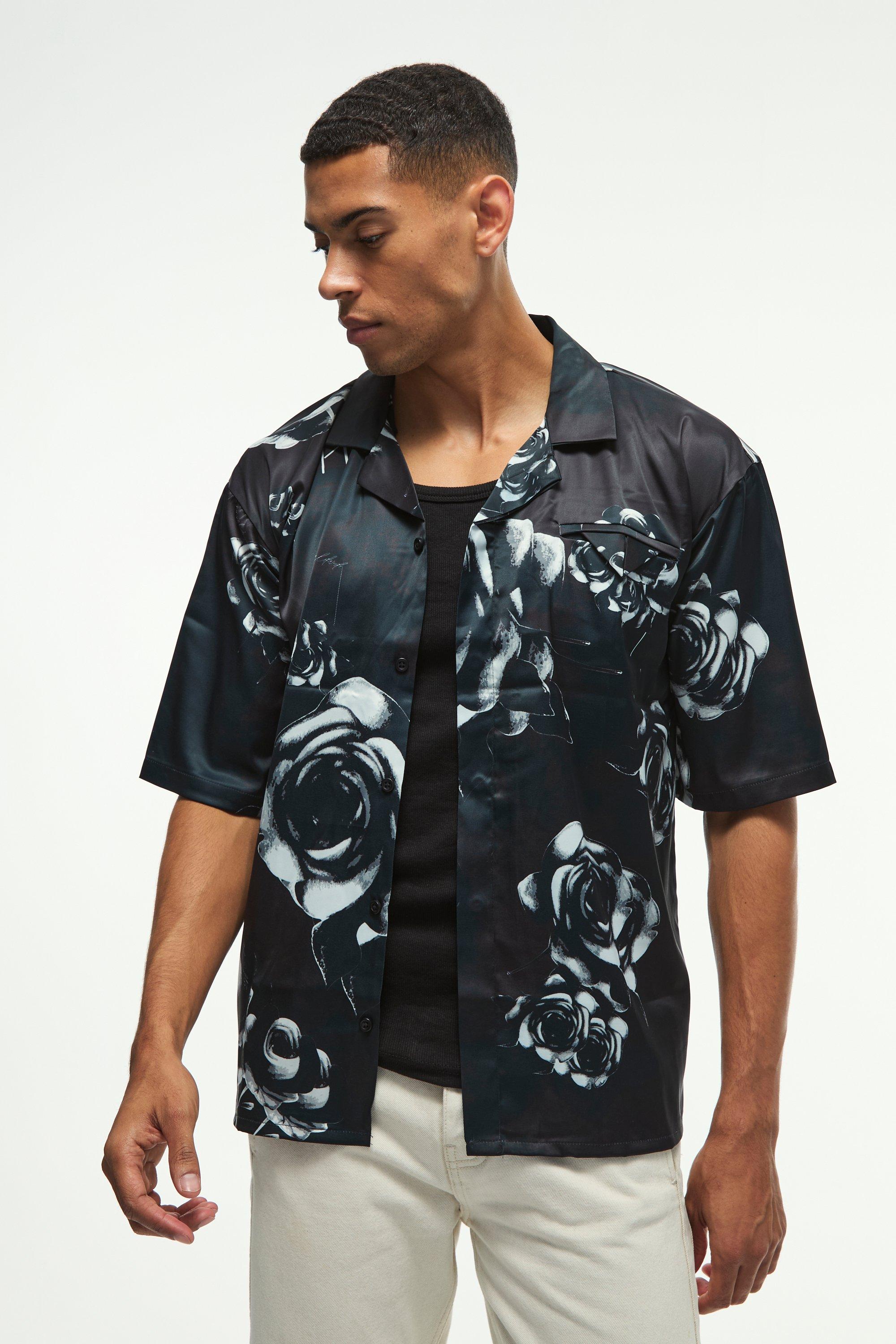 Mens Black Oversized Floral Printed Satin Short Sleeve Shirt, Black