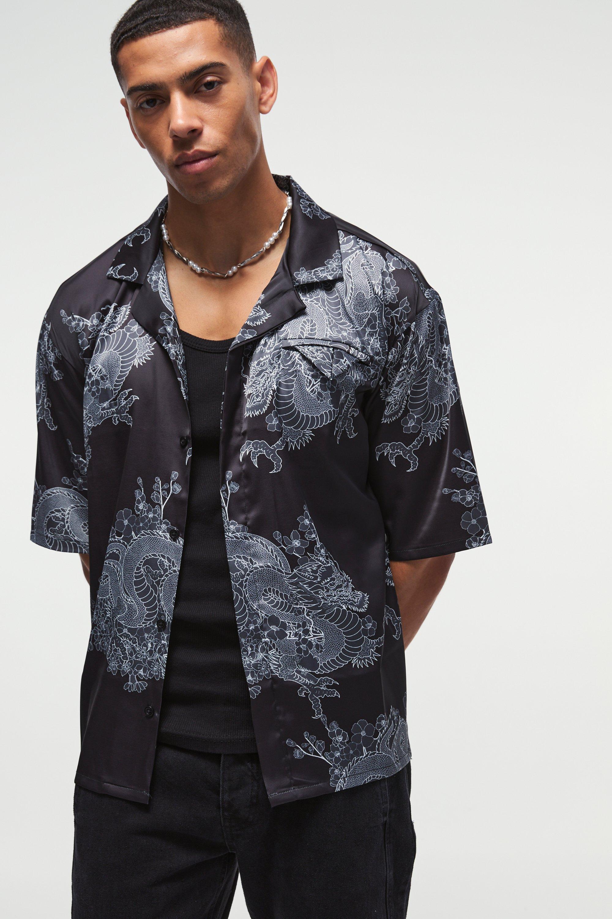 Mens Black Oversized Printed Satin Revere Triangle Pocket Shirt, Black