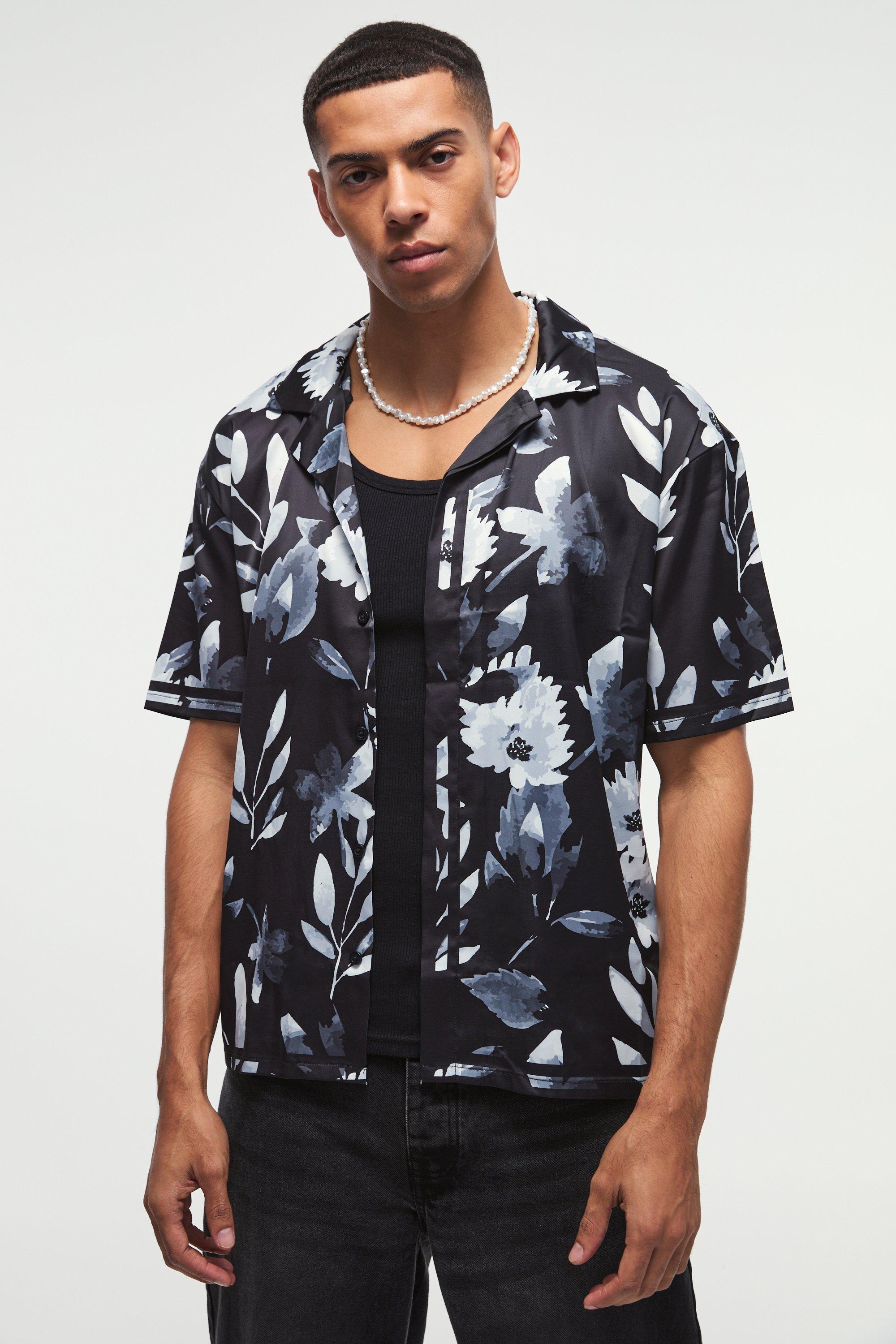 Mens Black Oversized Flower Printed Satin Short Sleeve Shirt, Black