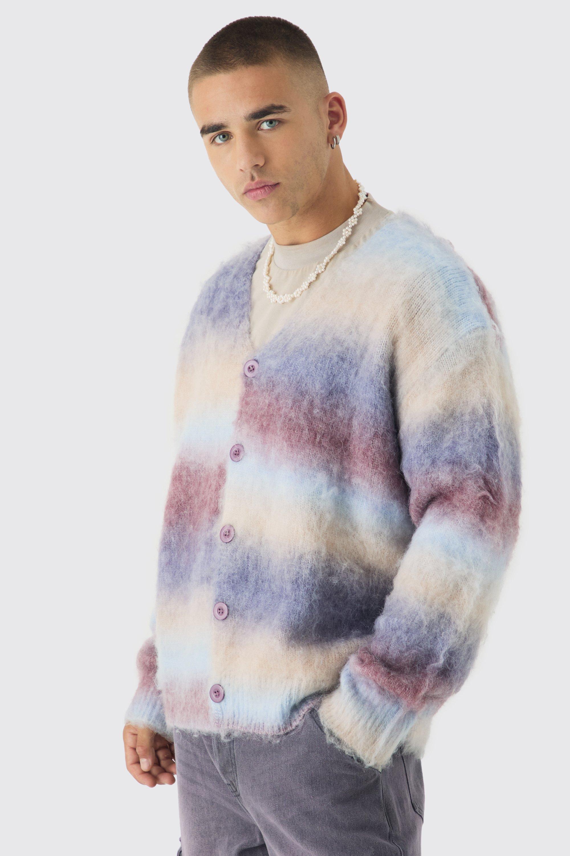 Mens Cream Oversized Boxy Brushed Ombre Stripe Knitted Cardigan, Cream