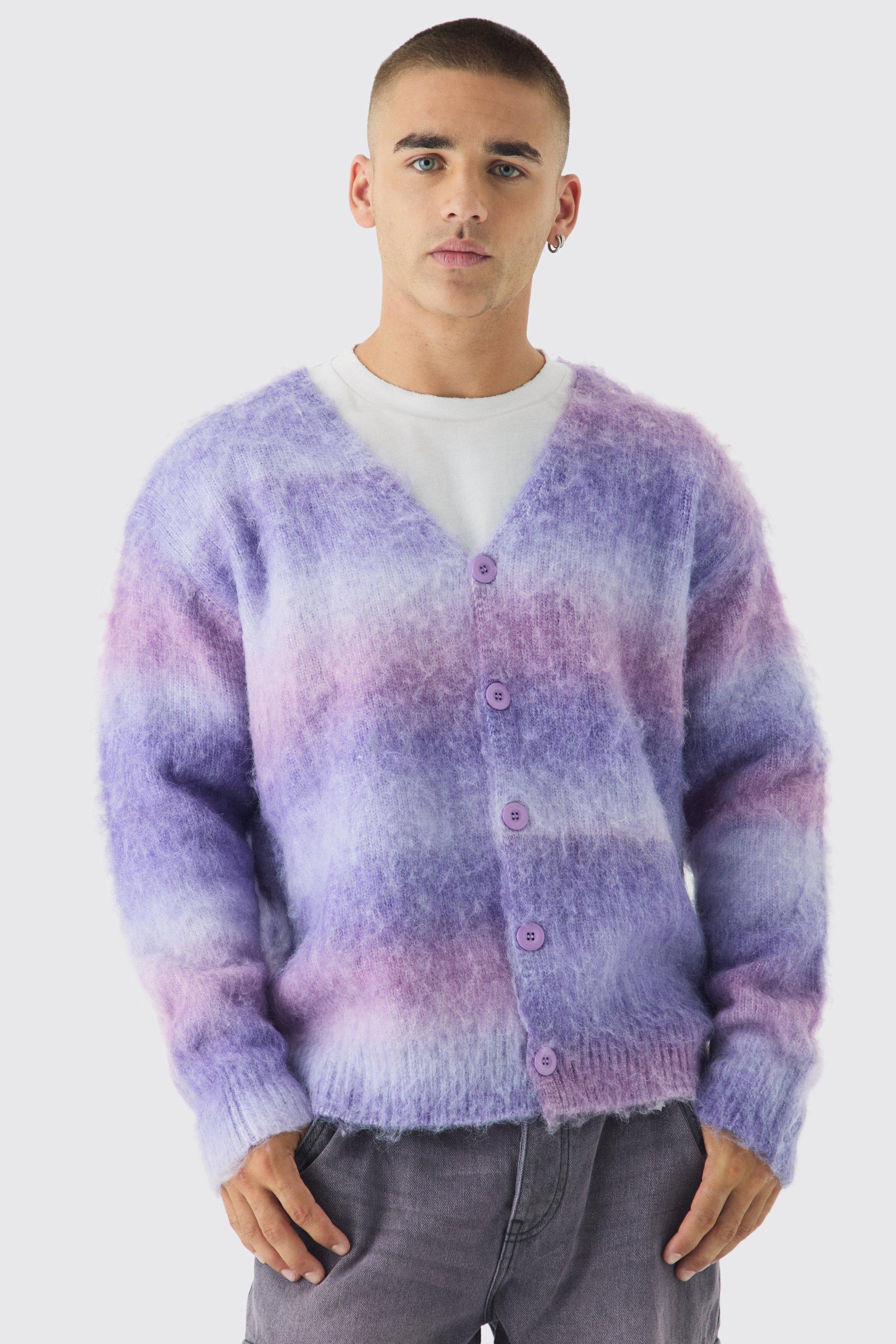 Cardigan squadrato oversize in maglia spazzolata a righe sfumate, Purple