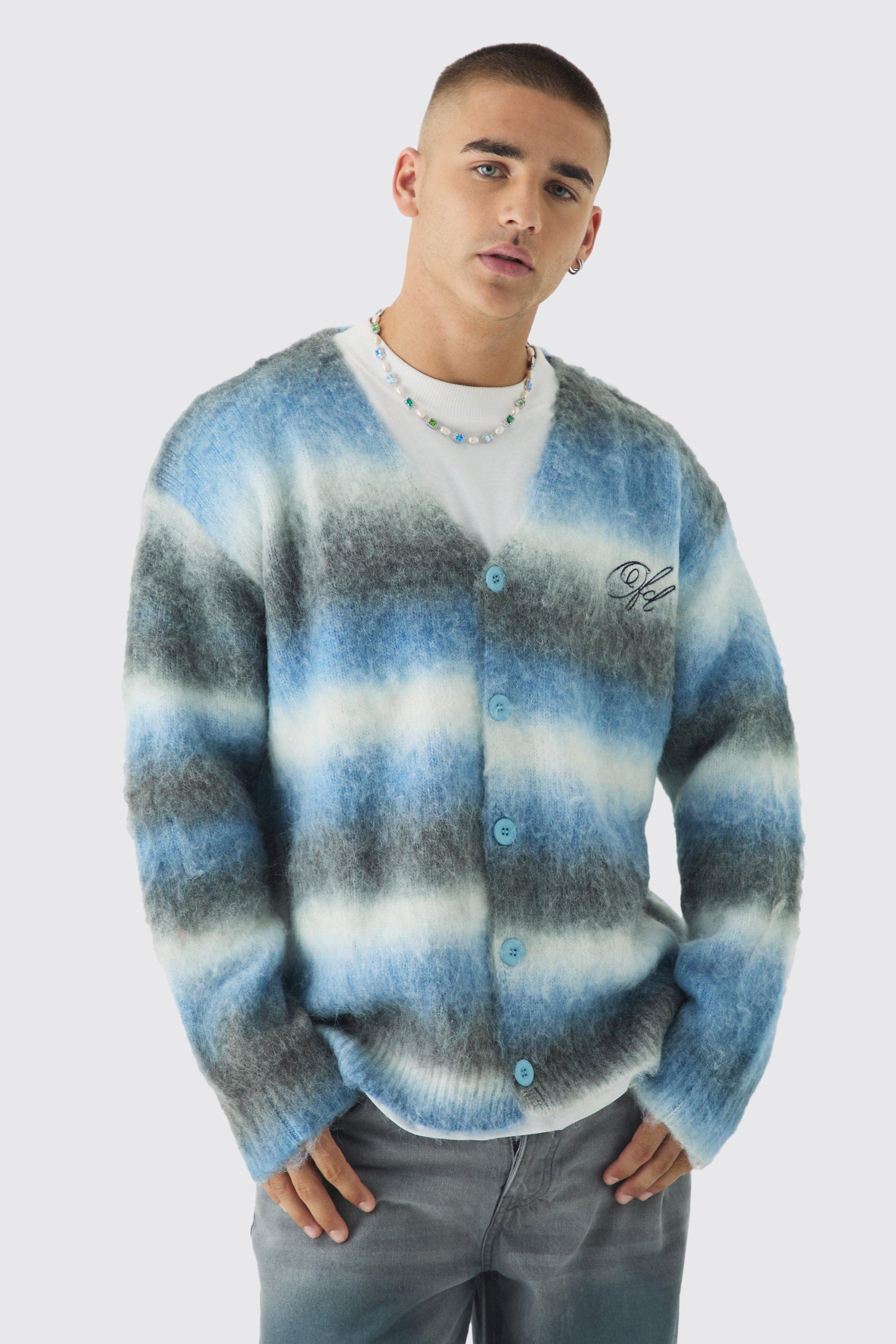 Mens Blue Oversized Boxy OFCL Brushed Ombre Stripe Knitted Embroidered Cardigan, Blue