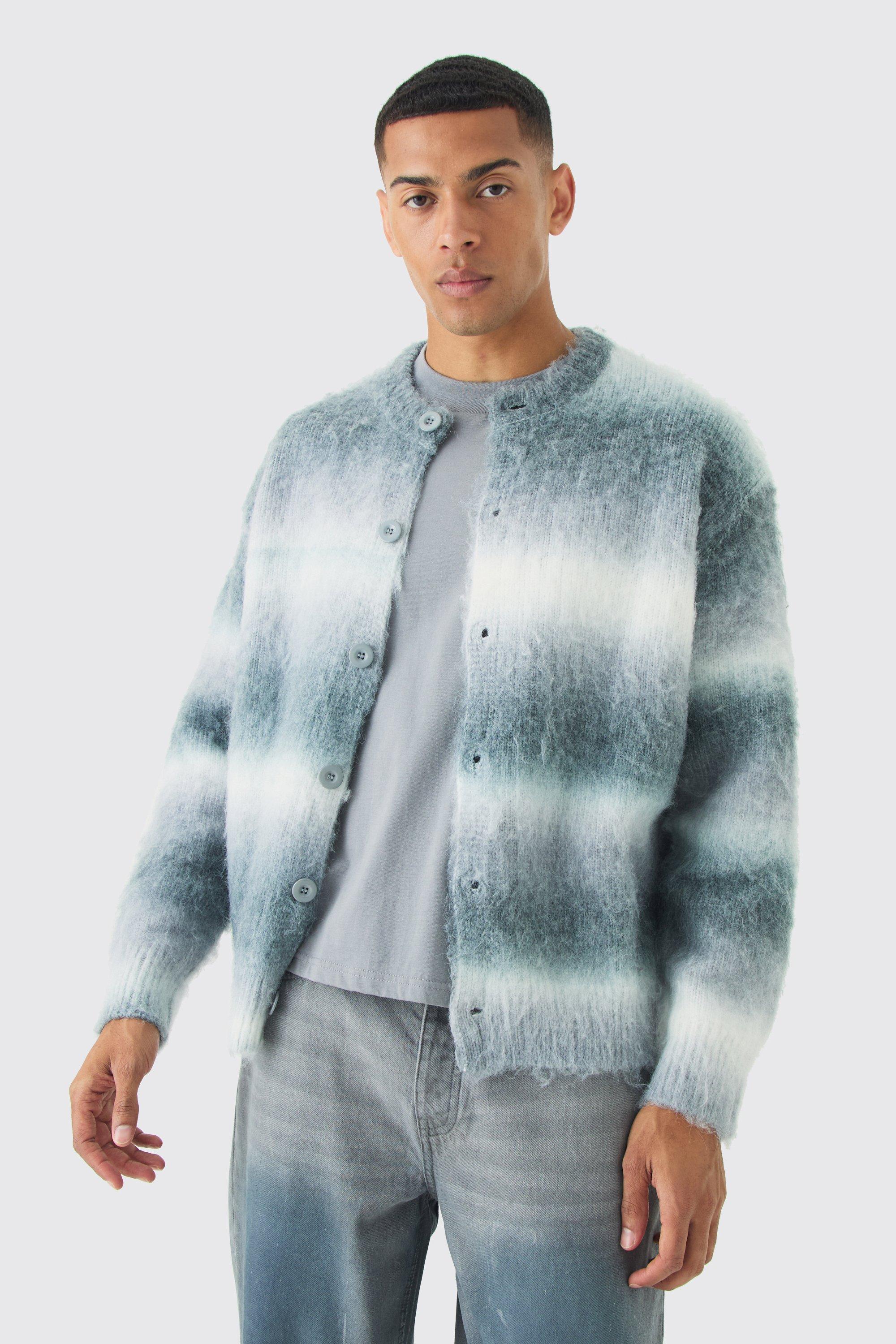 Mens Grey Relaxed Brushed Ombre Stripe Knitted Bomber Jacket, Grey