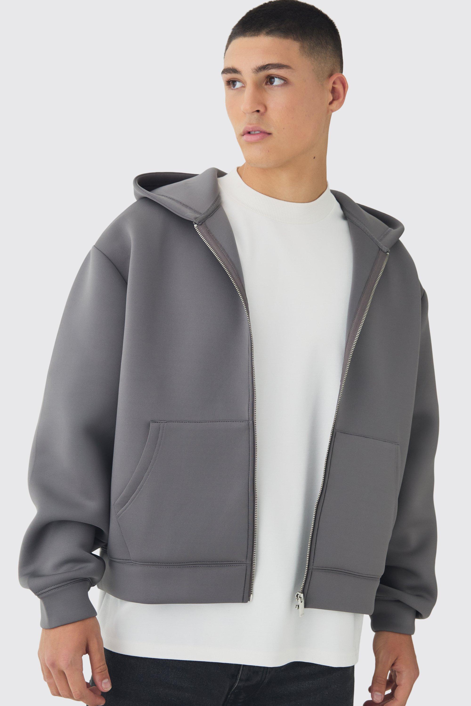 Mens Grey Oversized Boxy Bonded Zip Through Scuba Hoodie, Grey