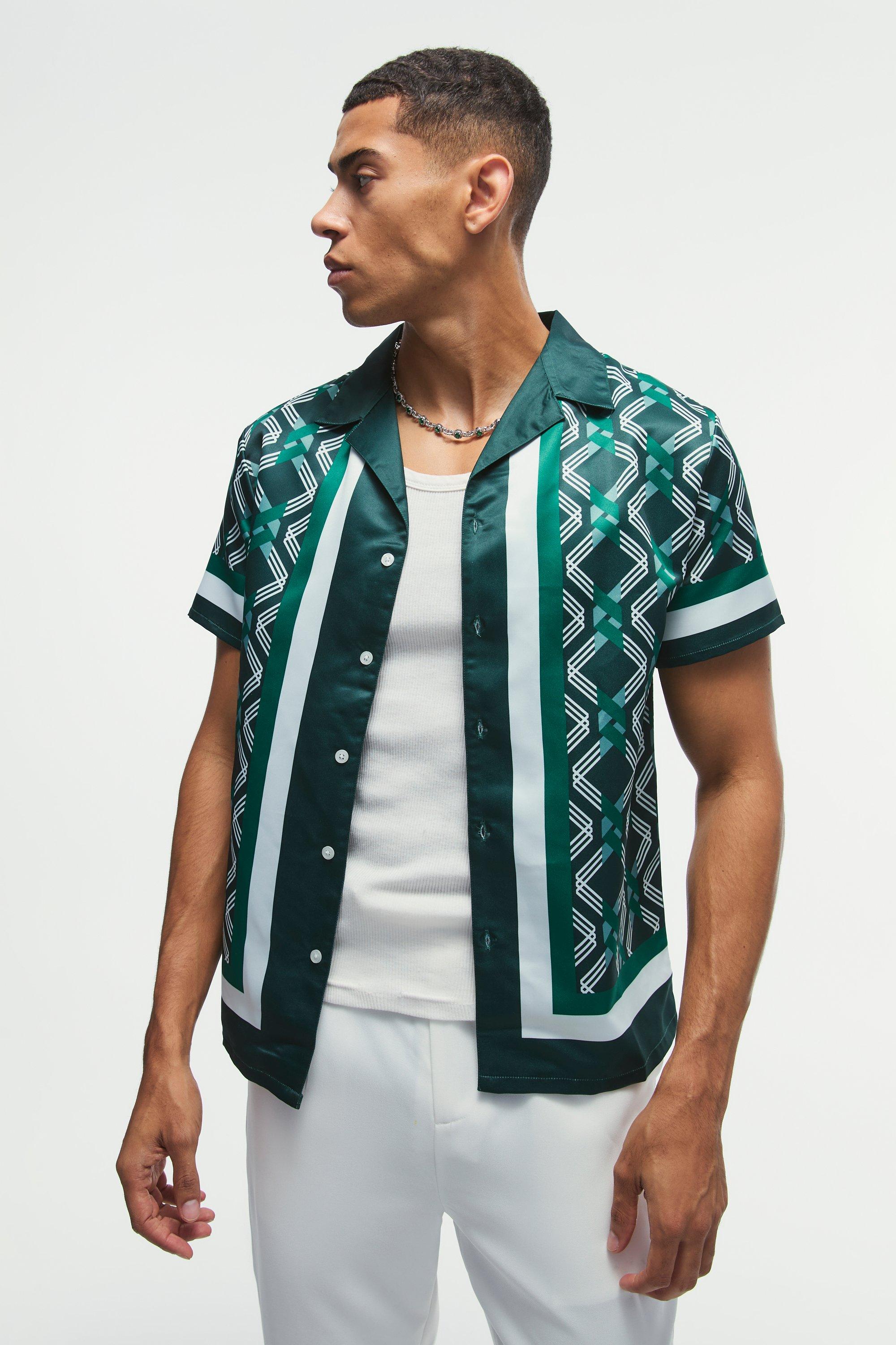 Mens Green Regular Fit Border Print Satin Shirt, Green