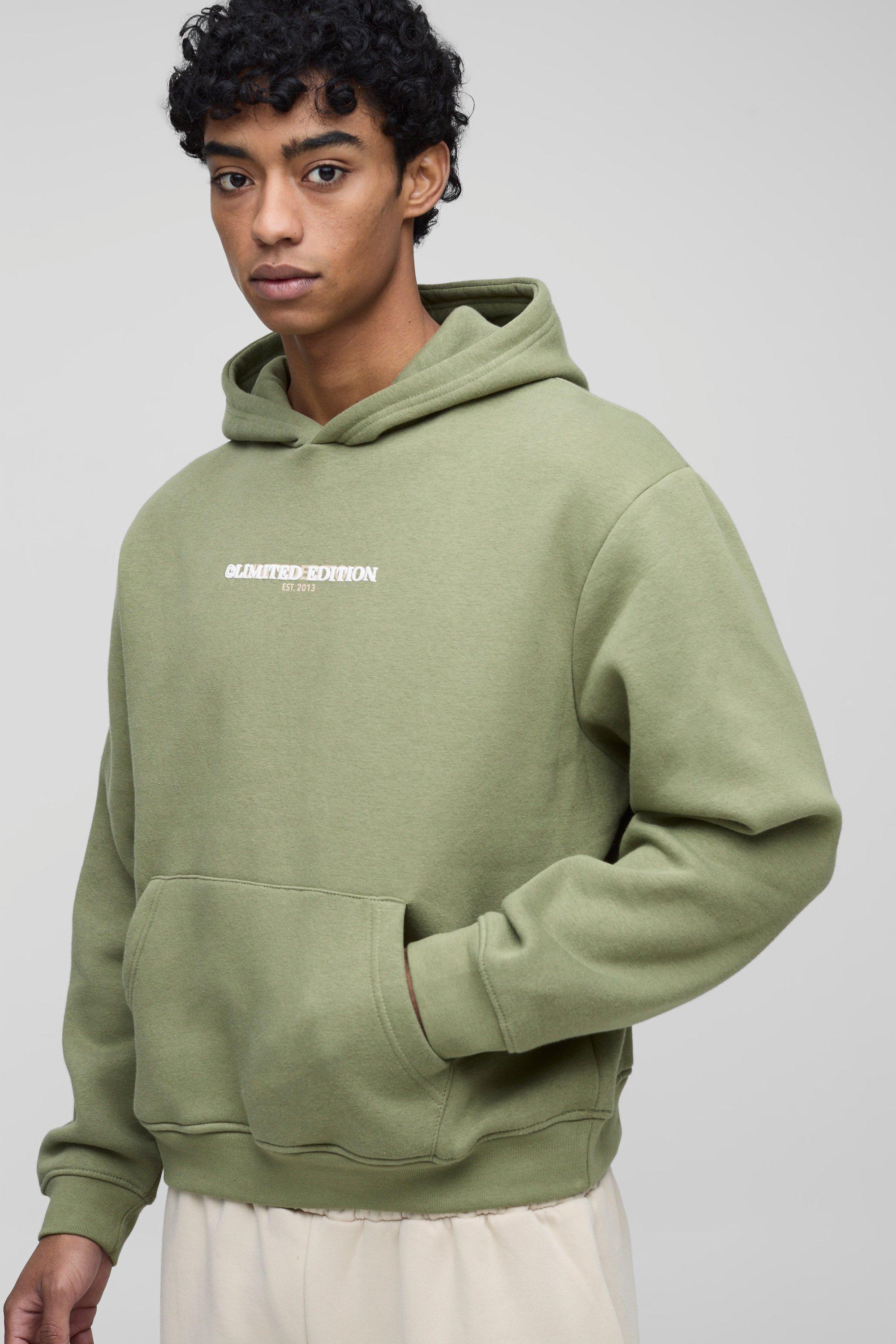 Mens Green 330GSM Oversized Boxy High Build Print Limited Hoodie, Green