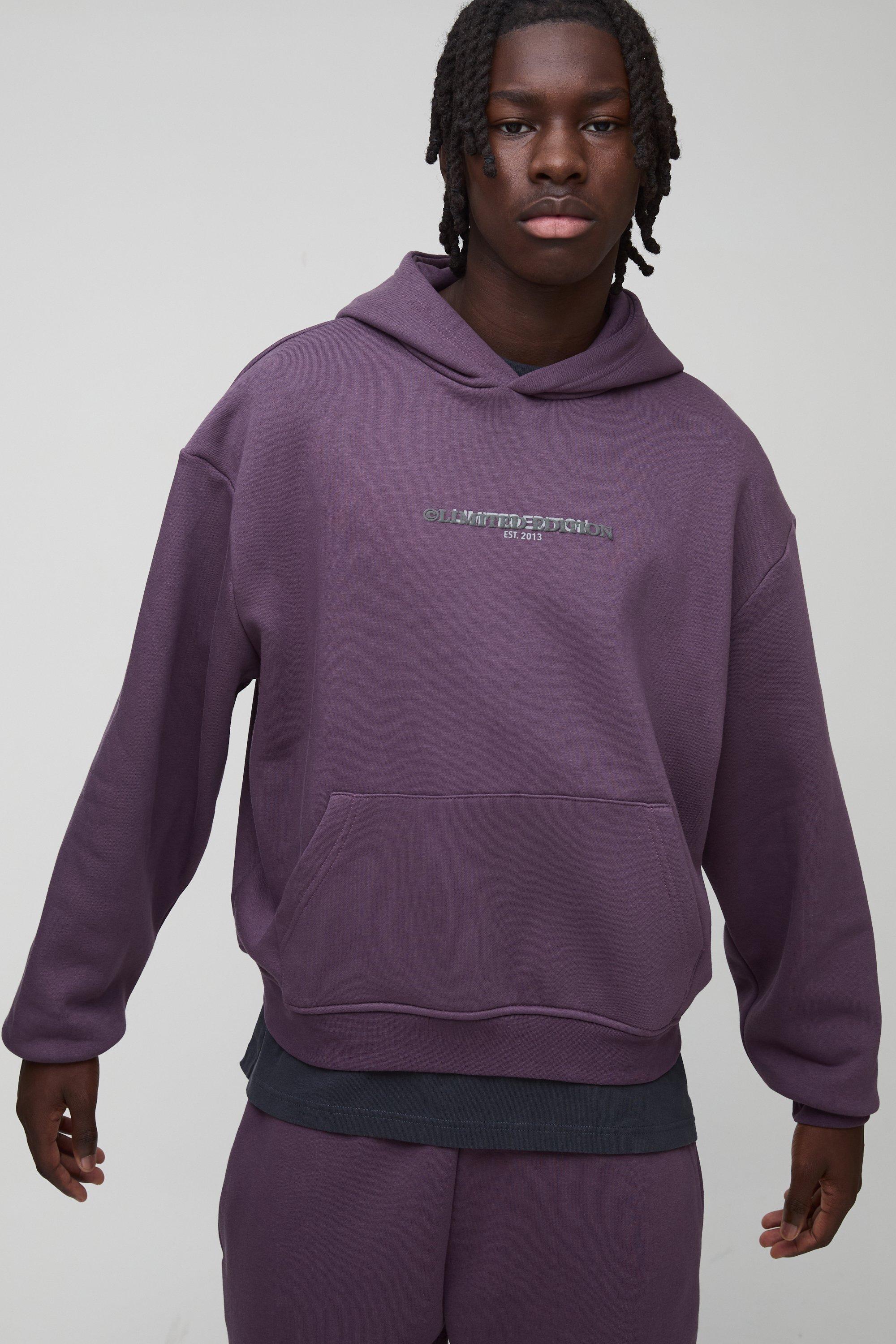 Mens Purple 330GSM Oversized Boxy High Build Print Limited Hoodie, Purple