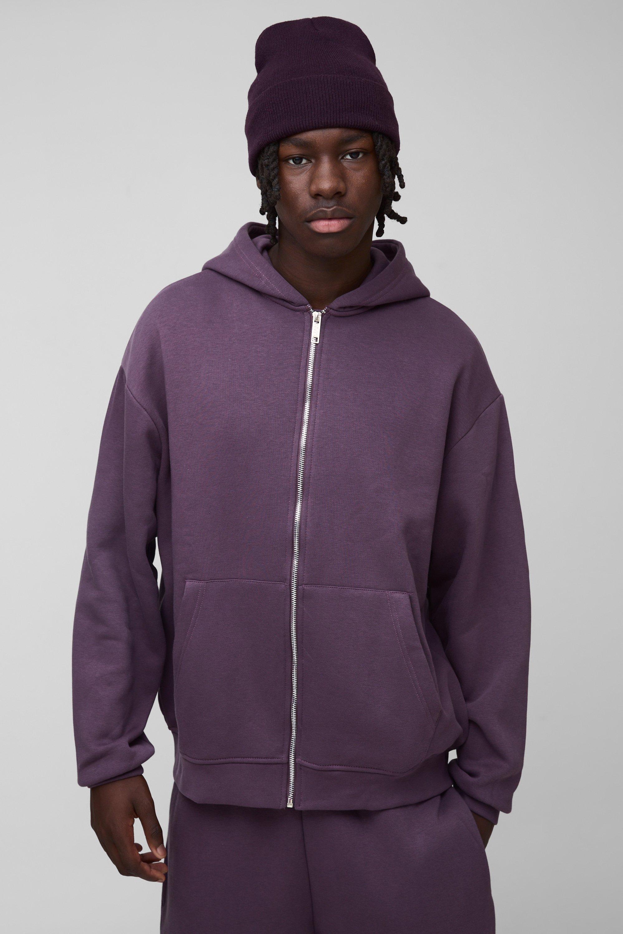 Mens Purple 330GSM Oversized Basic Zip Through Hoodie, Purple