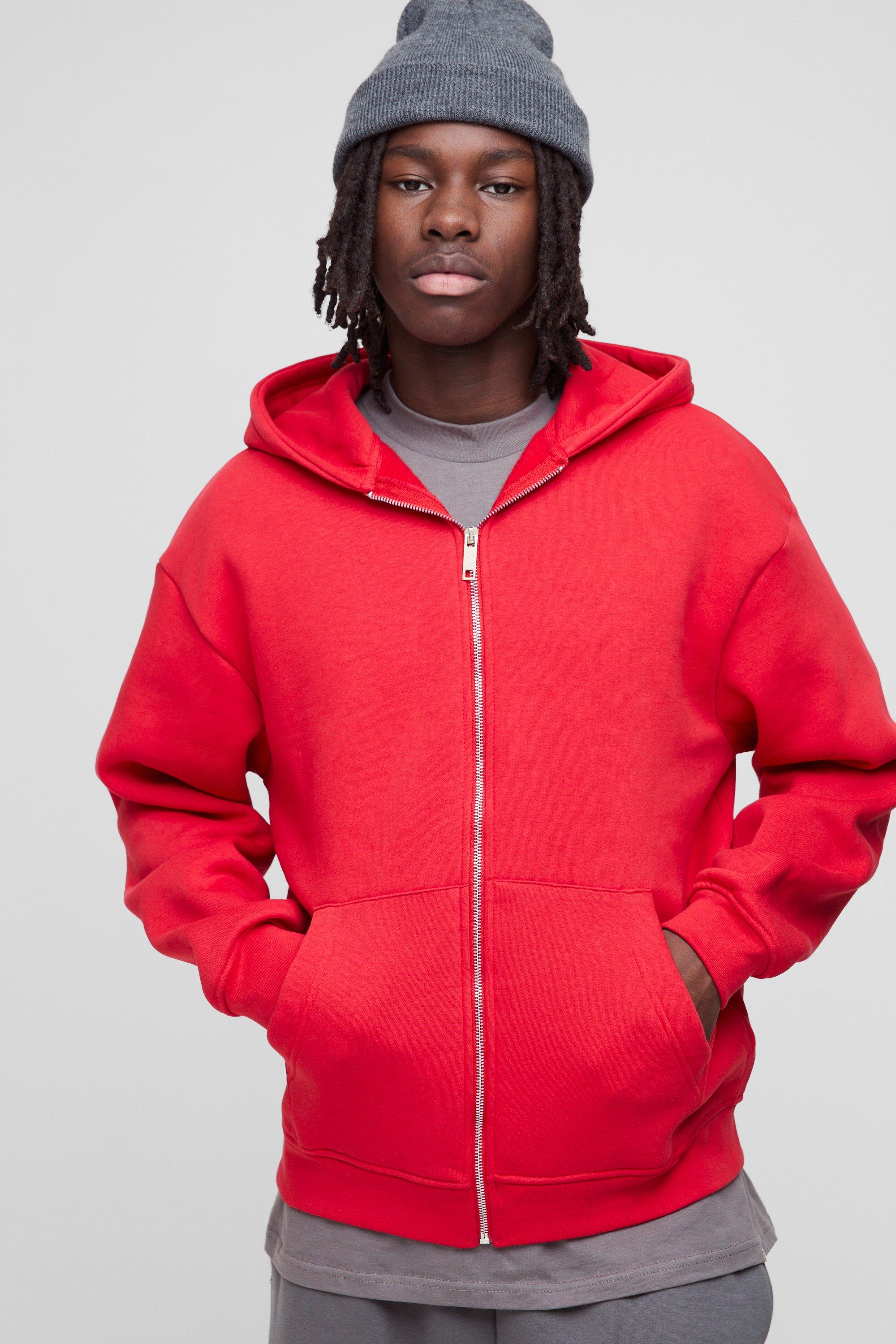 Mens Red 330GSM Oversized Basic Zip Through Hoodie, Red