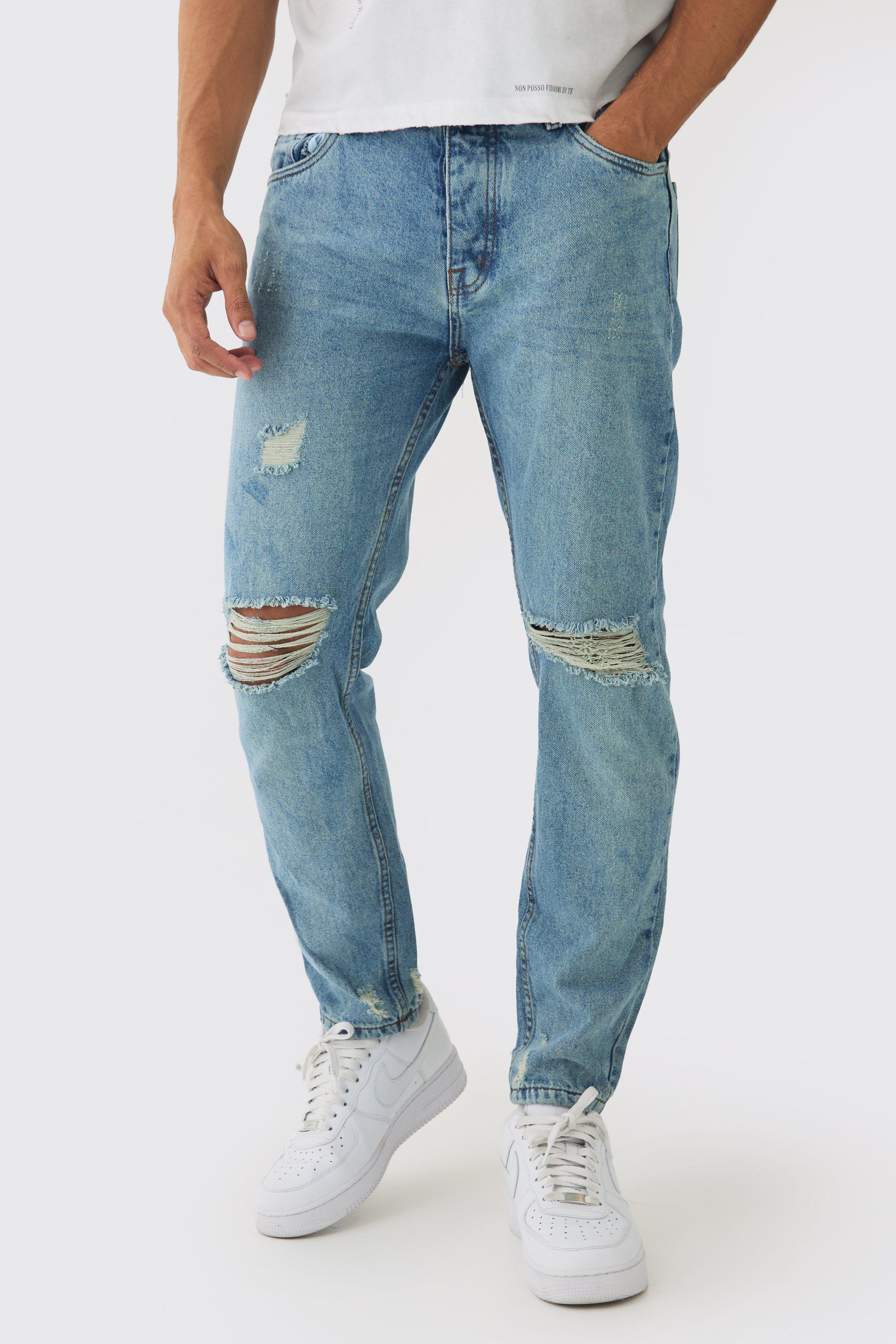 Mens Blue Straight Leg Distressed Ripped Knee Jeans, Blue