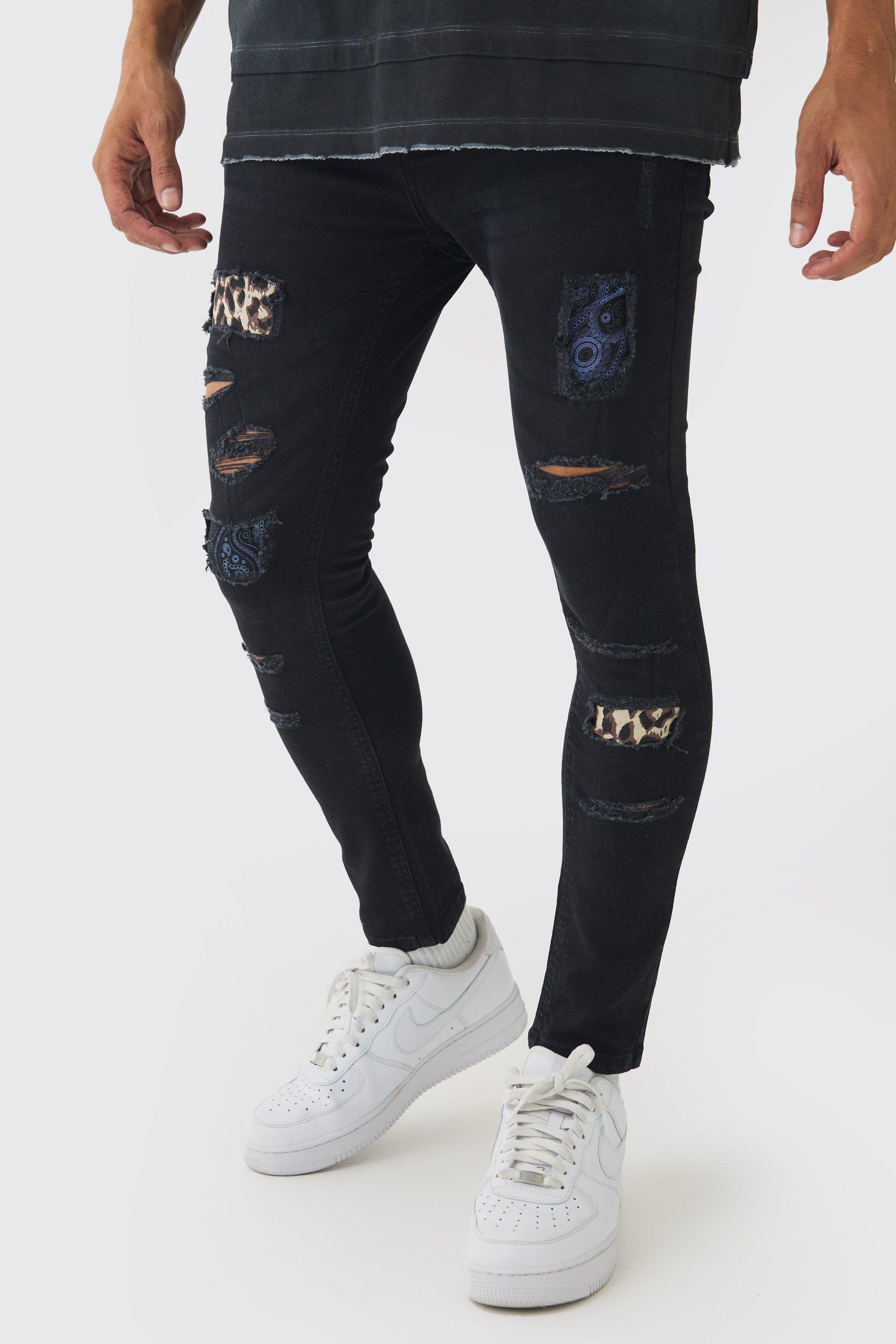 Mens Black Skinny Fit Rip & Repair Paisley Leopard Jeans, Black