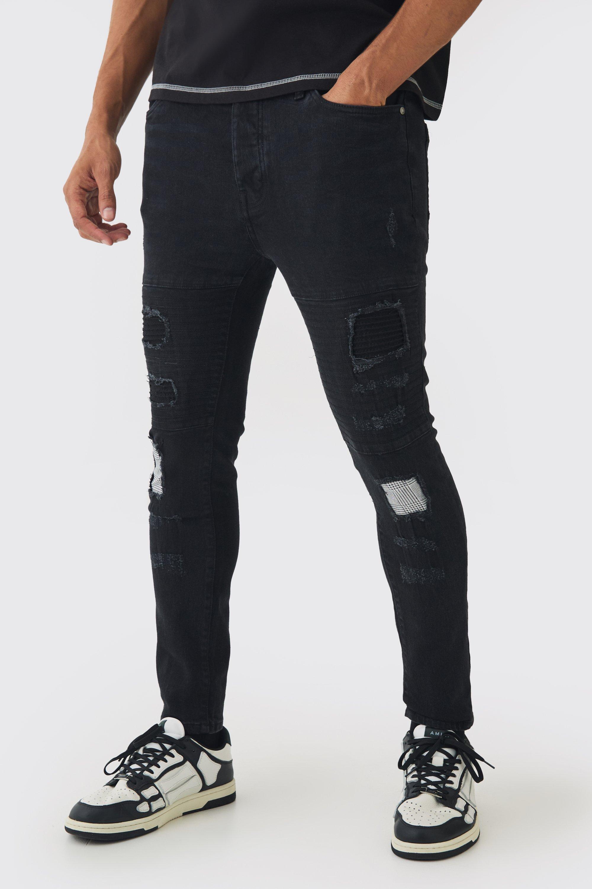 Mens Black Skinny Fit biker Ripped Patchwork Jeans, Black