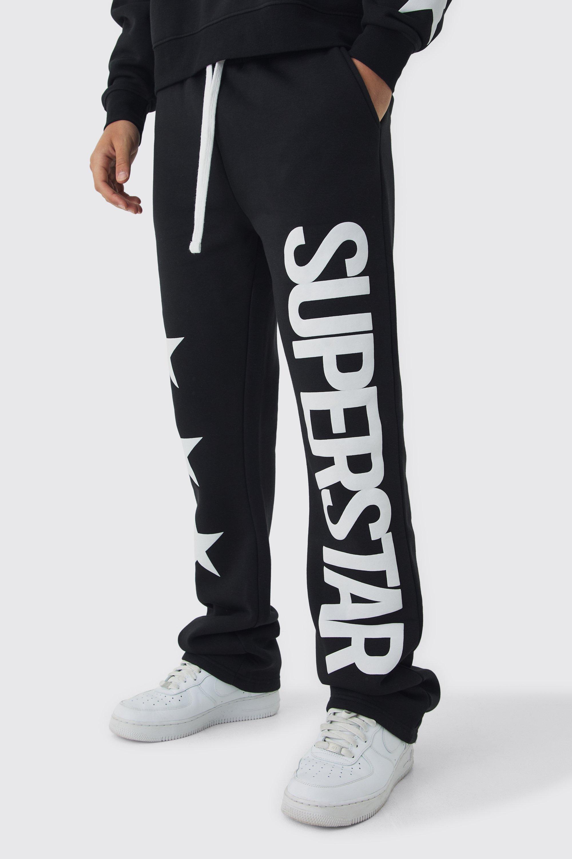 Mens Black Slim Flared Stacked Superstar Puff Printed Joggers, Black