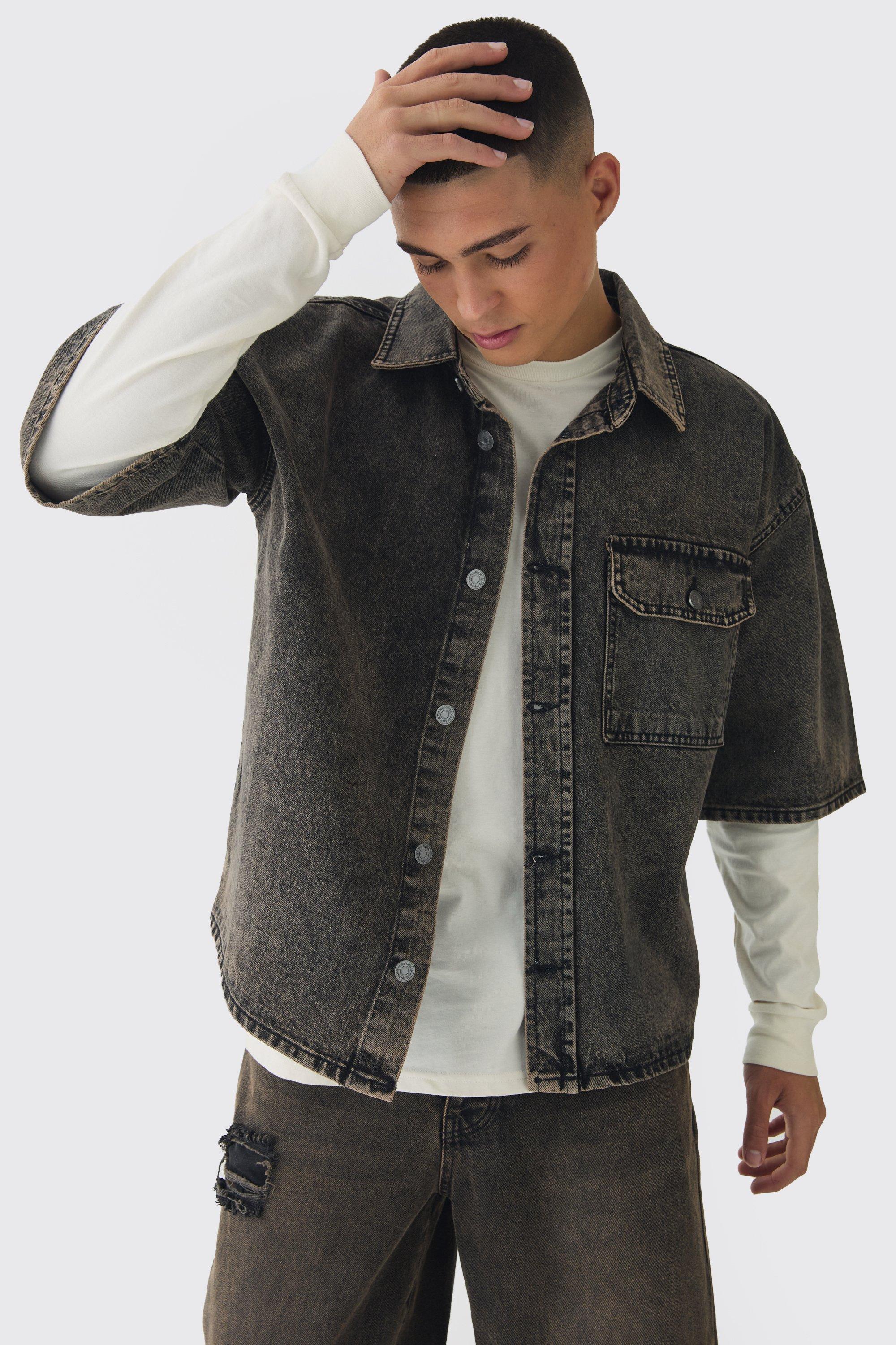 Sovracamicia squadrata oversize in denim con maniche a 3/4, Brown