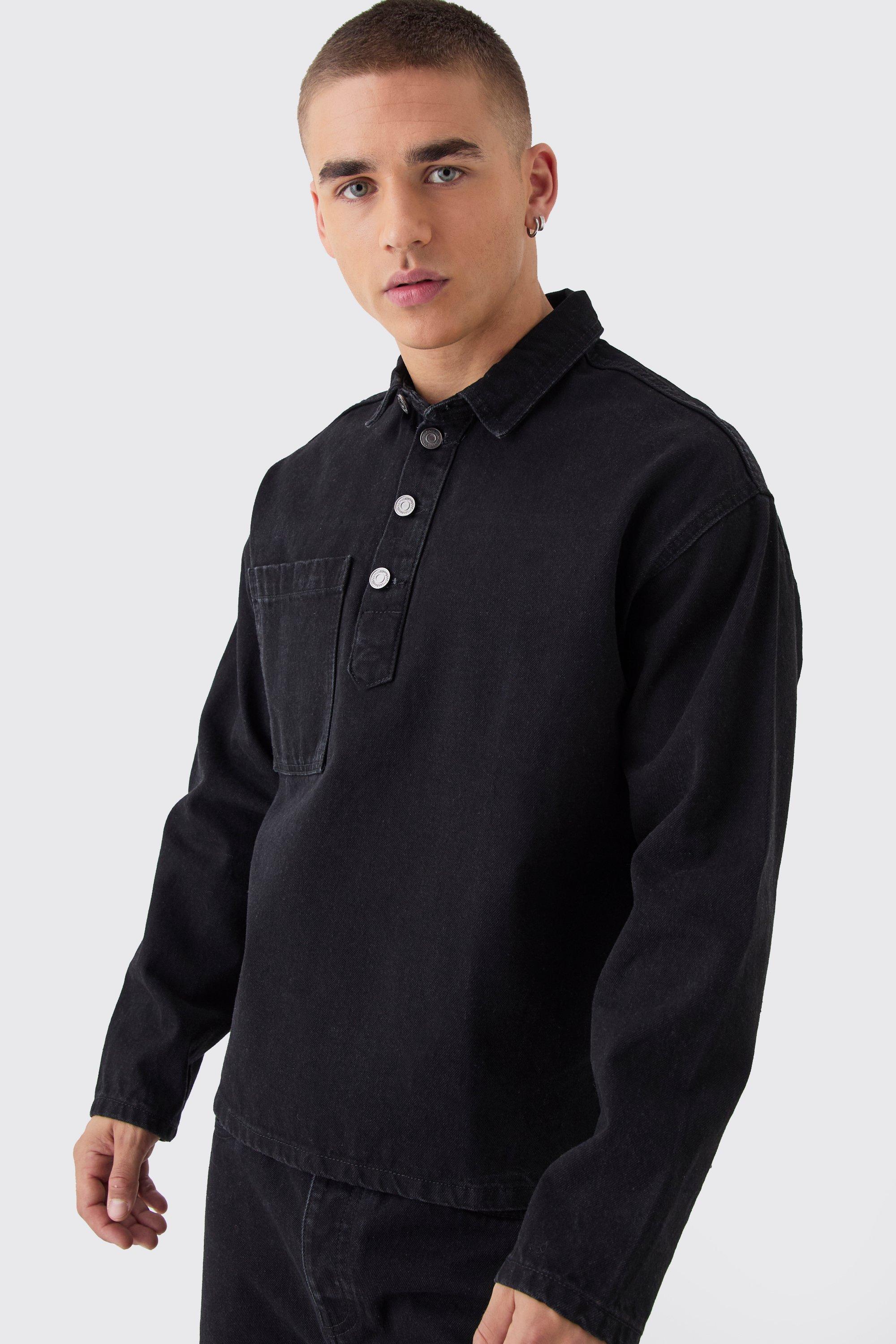 Mens Black Oversized Long Sleeve 1/4 Neck Denim Shirt, Black