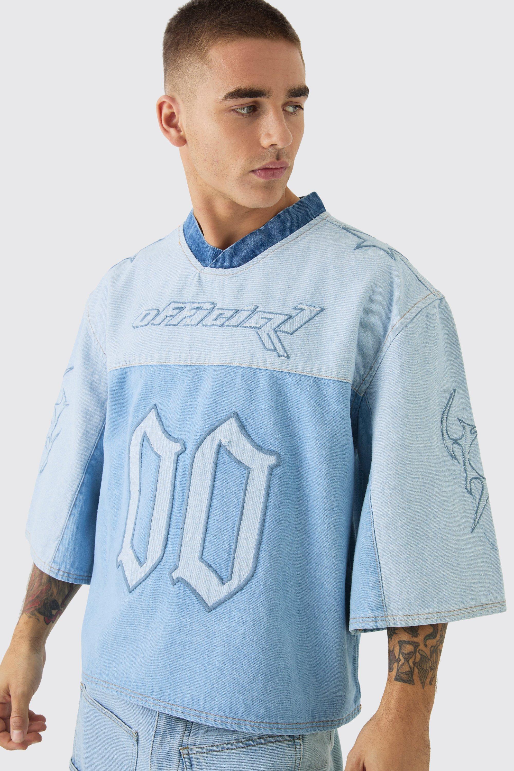 T-shirt oversize in denim da calcio con ricami, Azzurro