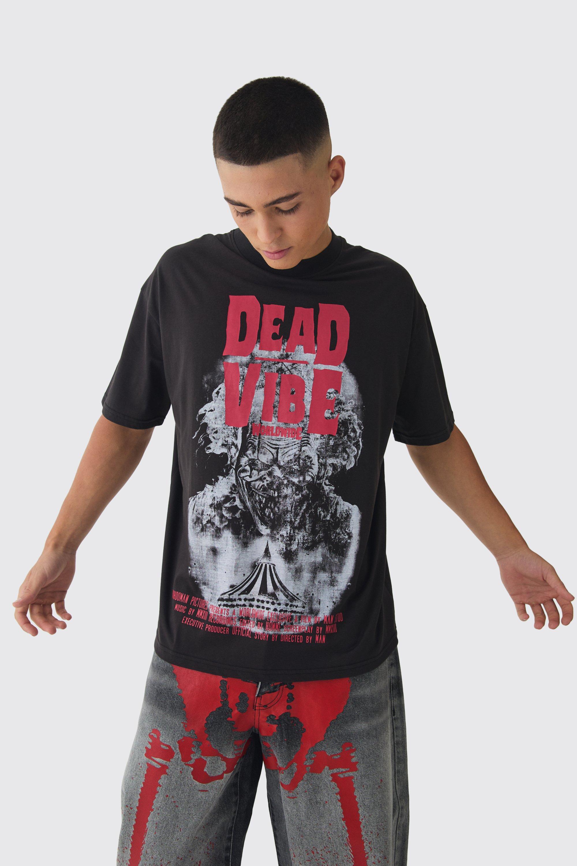 T-shirt oversize con stampa Dead Vibe e girocollo esteso, Nero