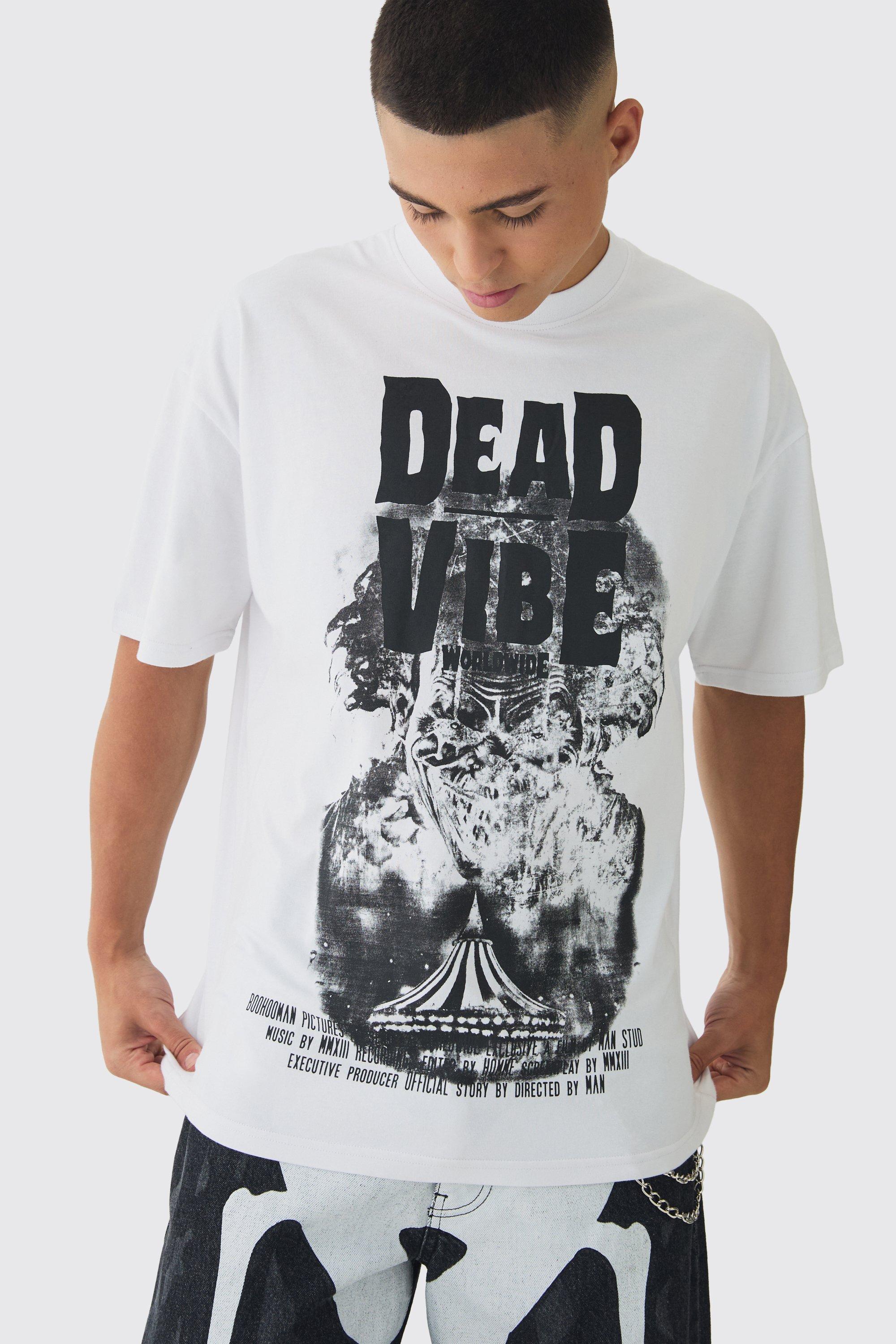 Mens White Oversized Extended Neck Dead Vibe Print T-Shirt, White