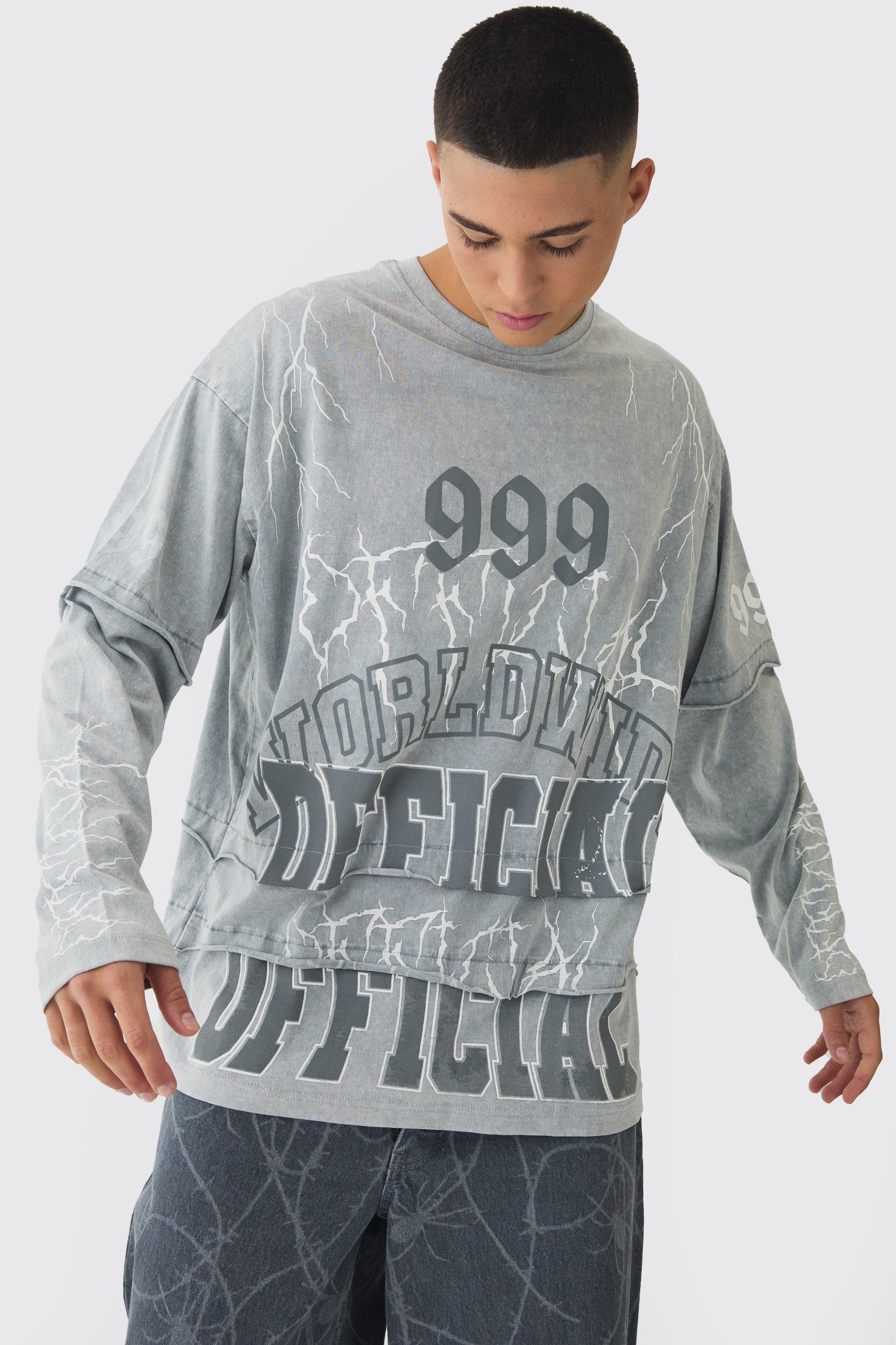 T-shirt oversize a maniche lunghe OFFCL con finto doppio livello, Grigio