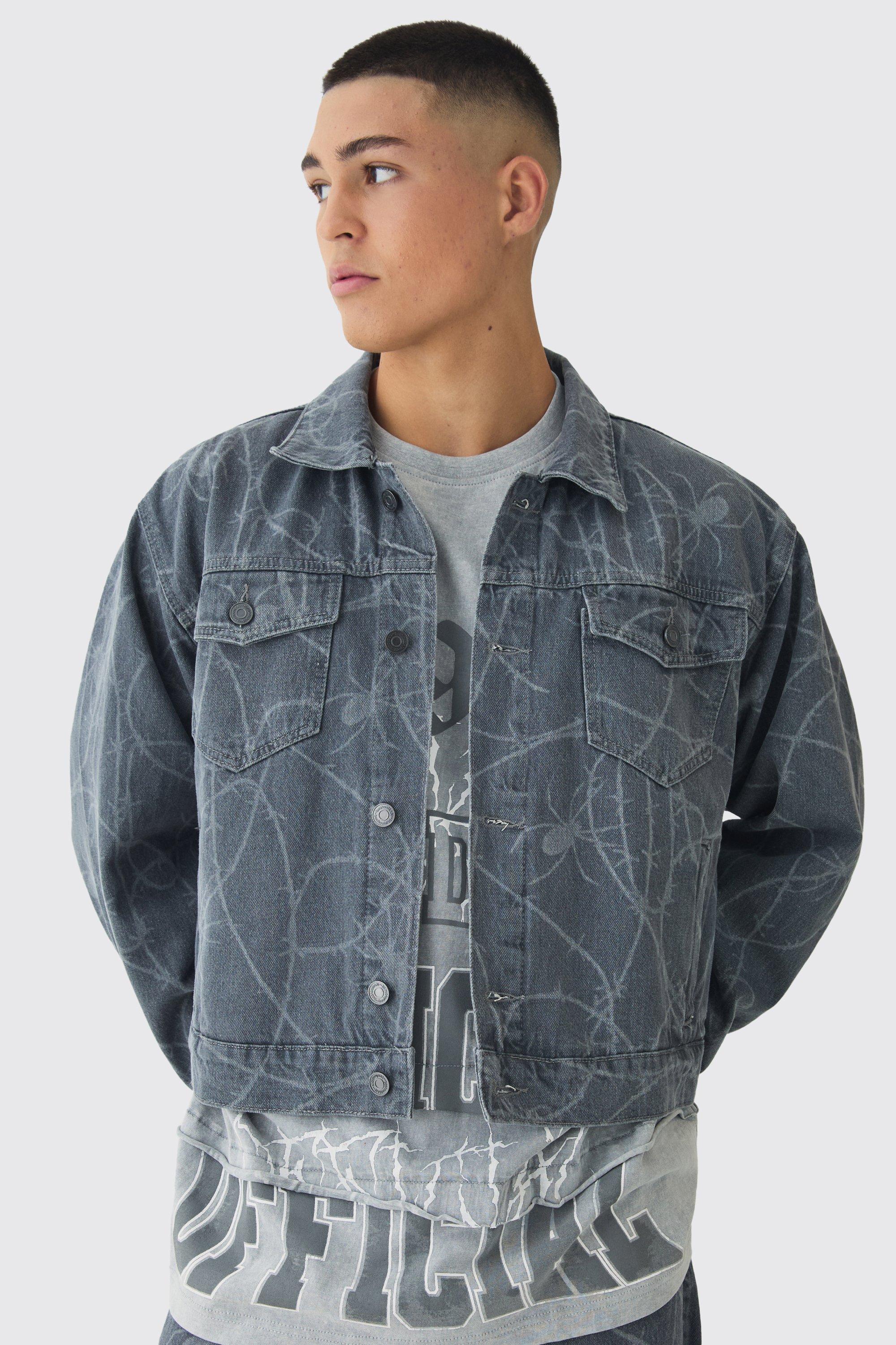 Giacca in denim squadrata con stampa al laser di filo spinato, Grigio