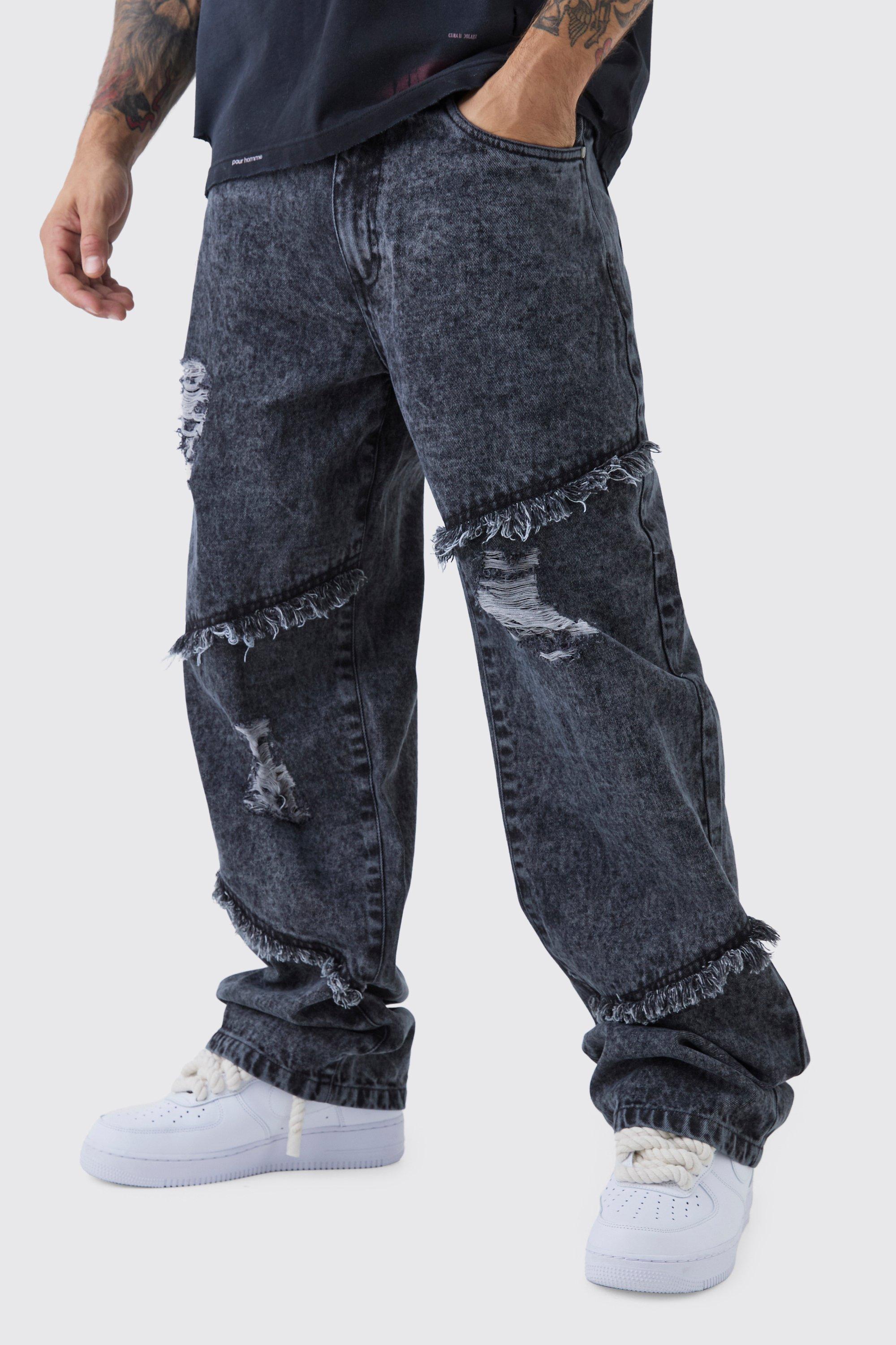 Mens Black Relaxed Fit Acid Wash Ripped Frayed Jeans, Black