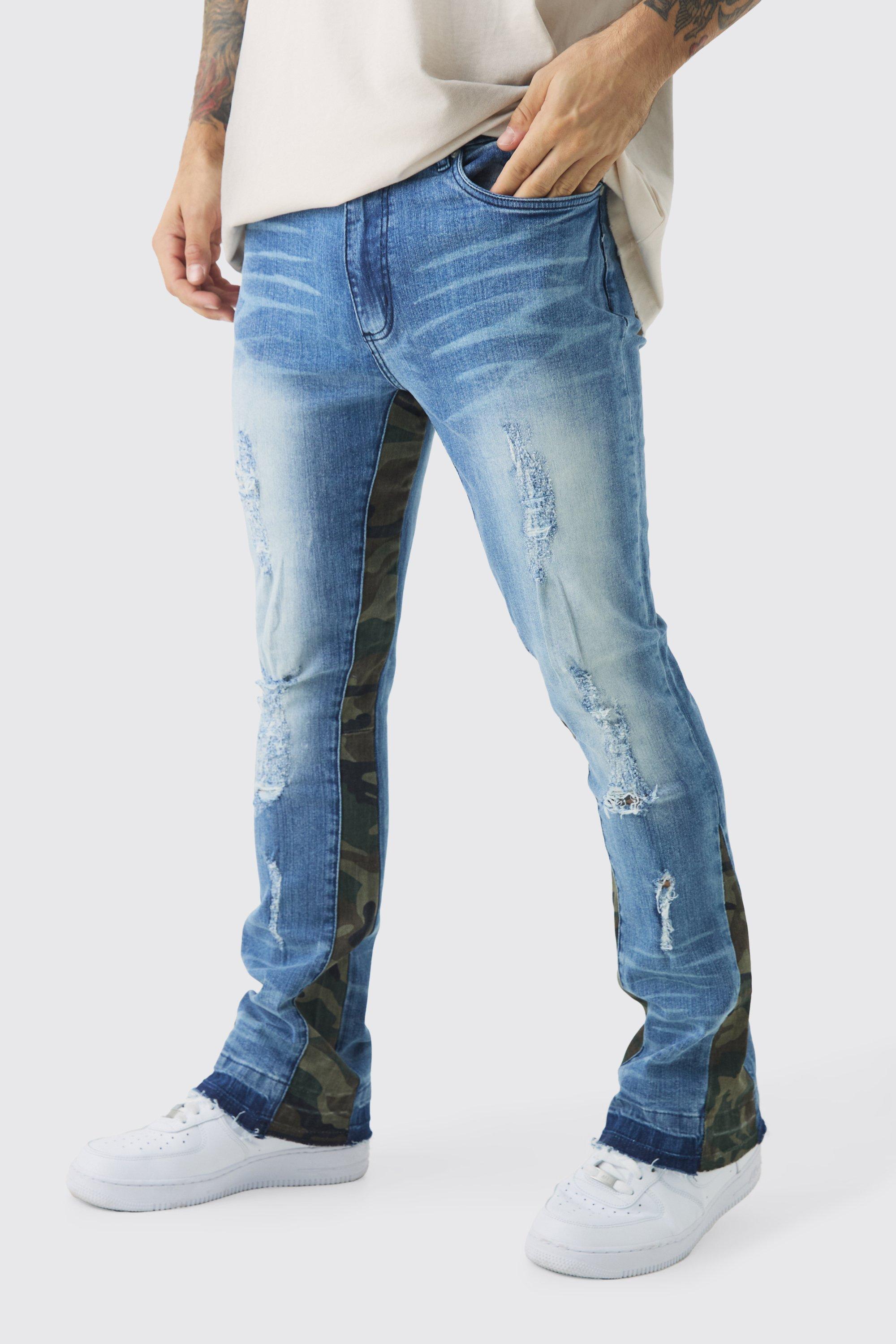 Jeans a zampa Skinny Fit candeggiati con inserti candeggiati in fantasia militare, Azzurro