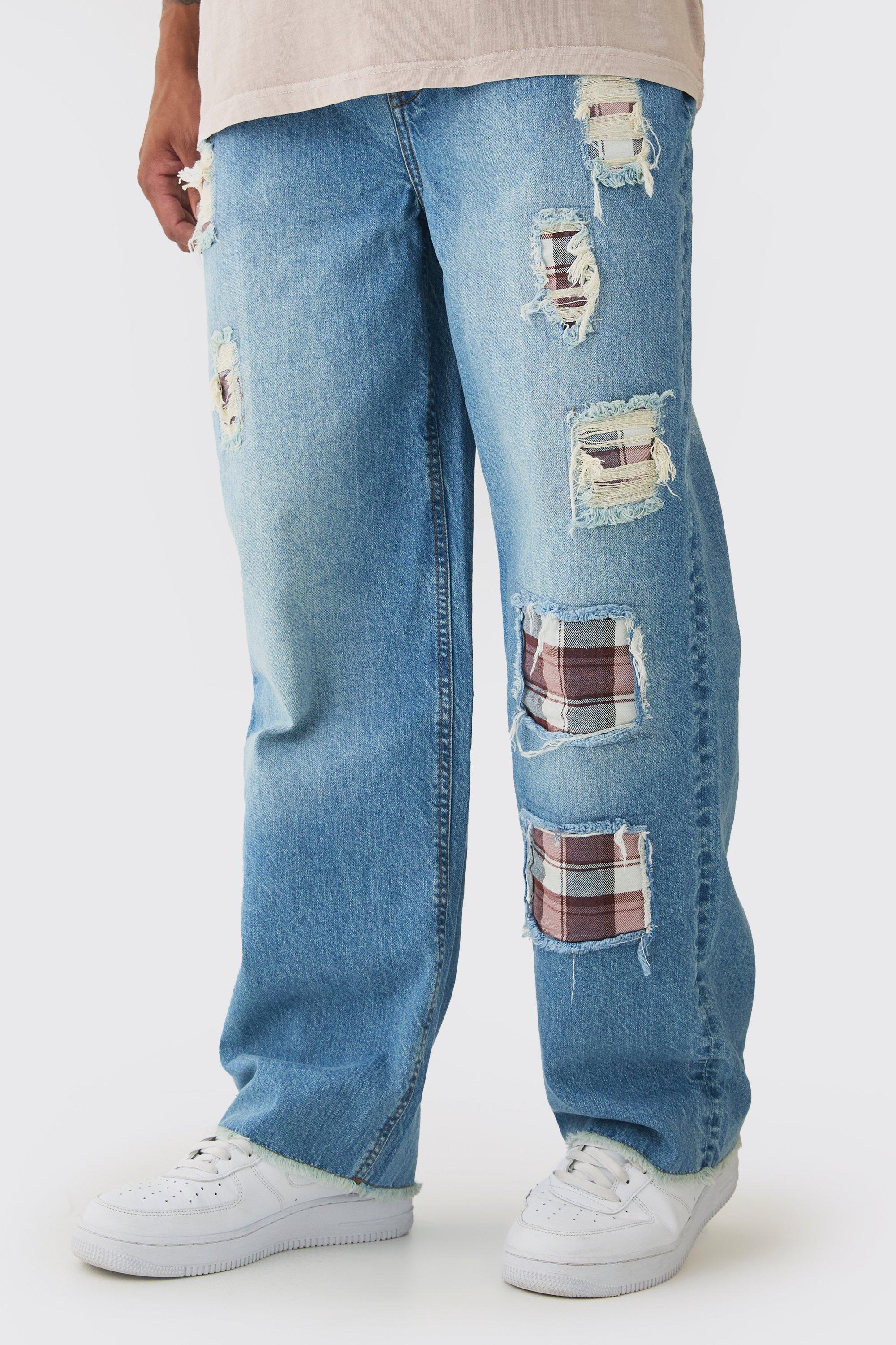 Relaxed Fit Rip & Repair Check Patchwork Jeans, Azzurro