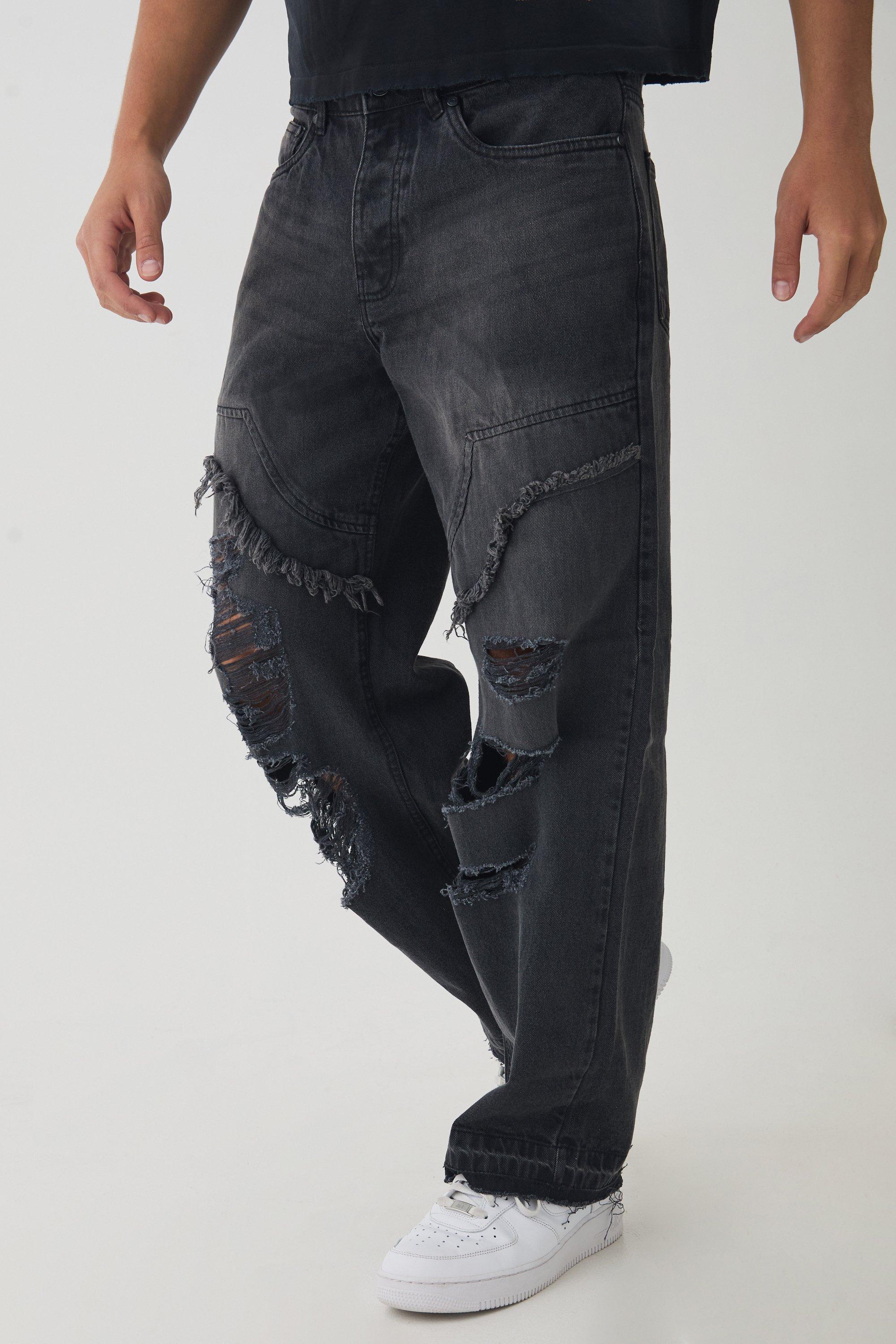 Jeans rilassati stile Carpenter con strappi e smagliature, Grigio