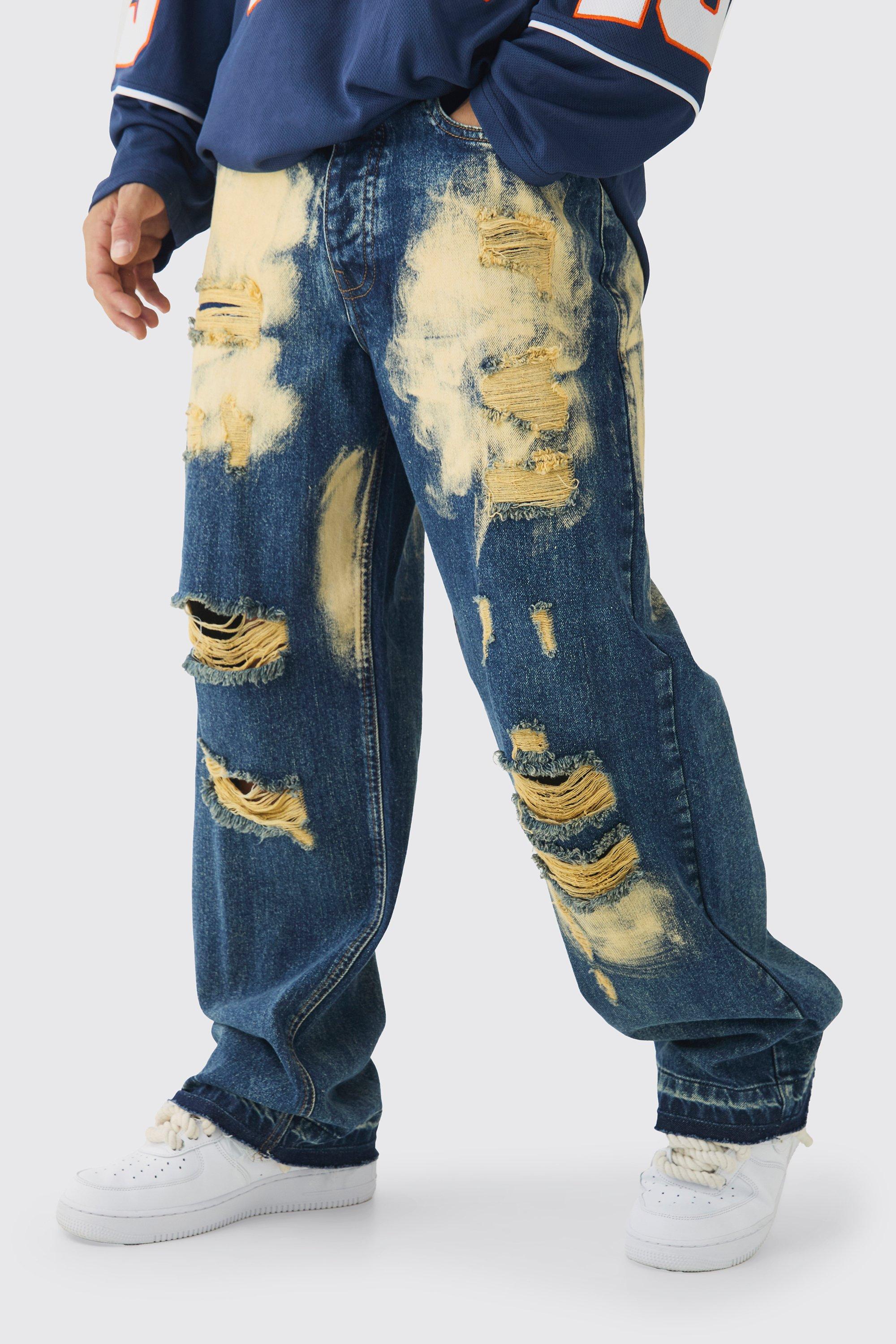 Jeans rilassati candeggiati strappati con fondo ampio, Azzurro