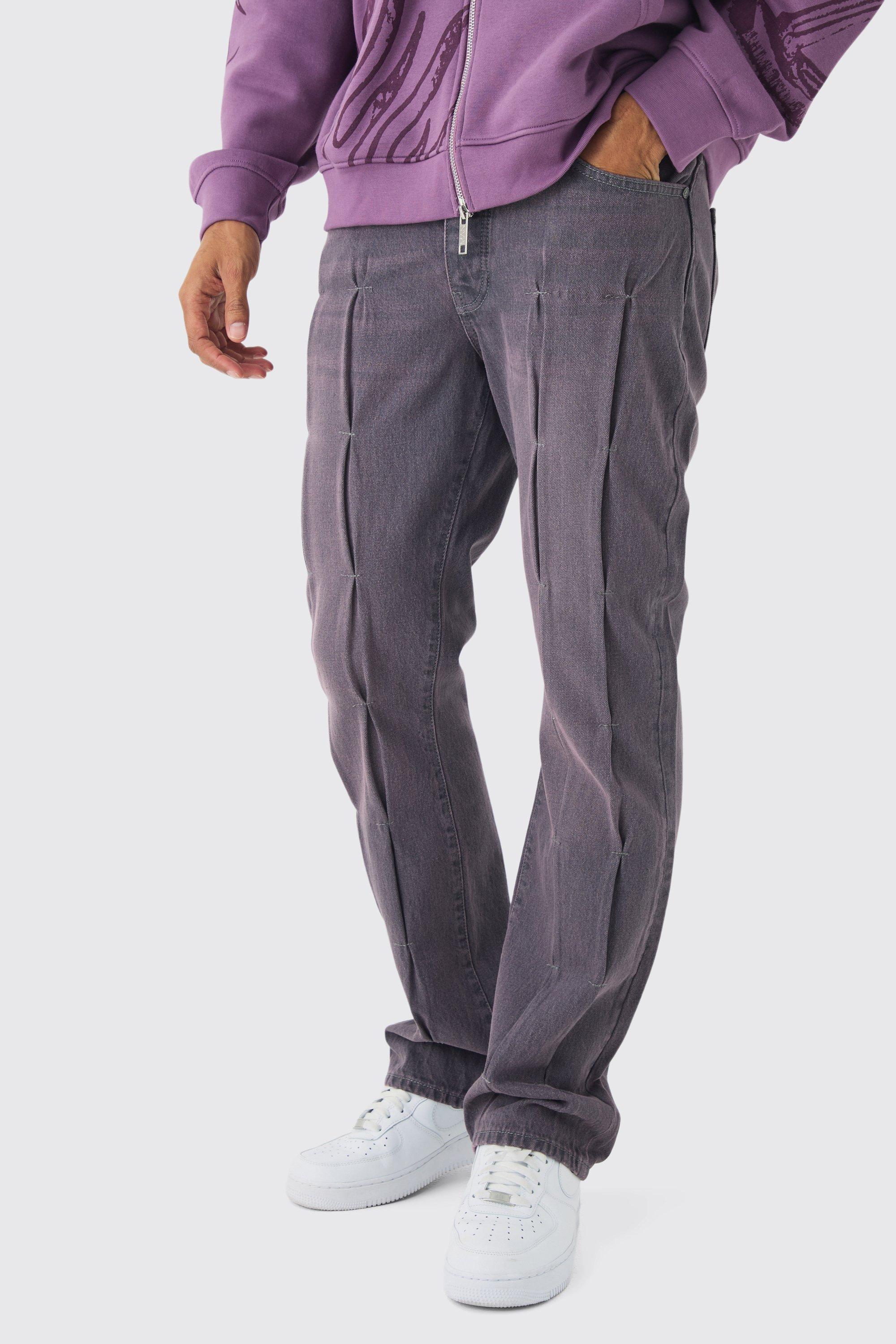 Mens Purple Slim Rigid Flare Pintuck Denim Jeans, Purple