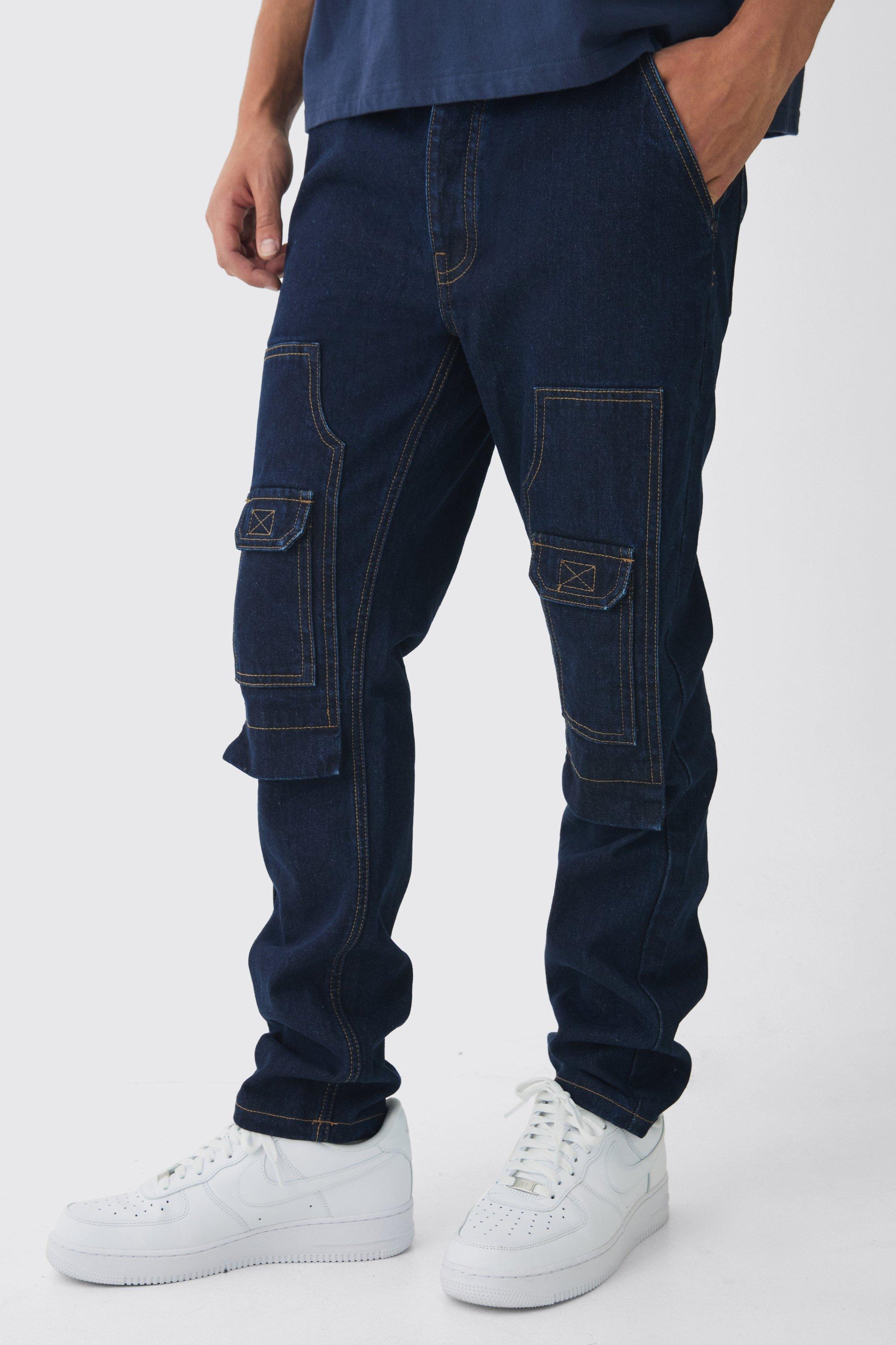 Mens Blue Slim Rigid Cargo Carpenter Denim Jeans, Blue