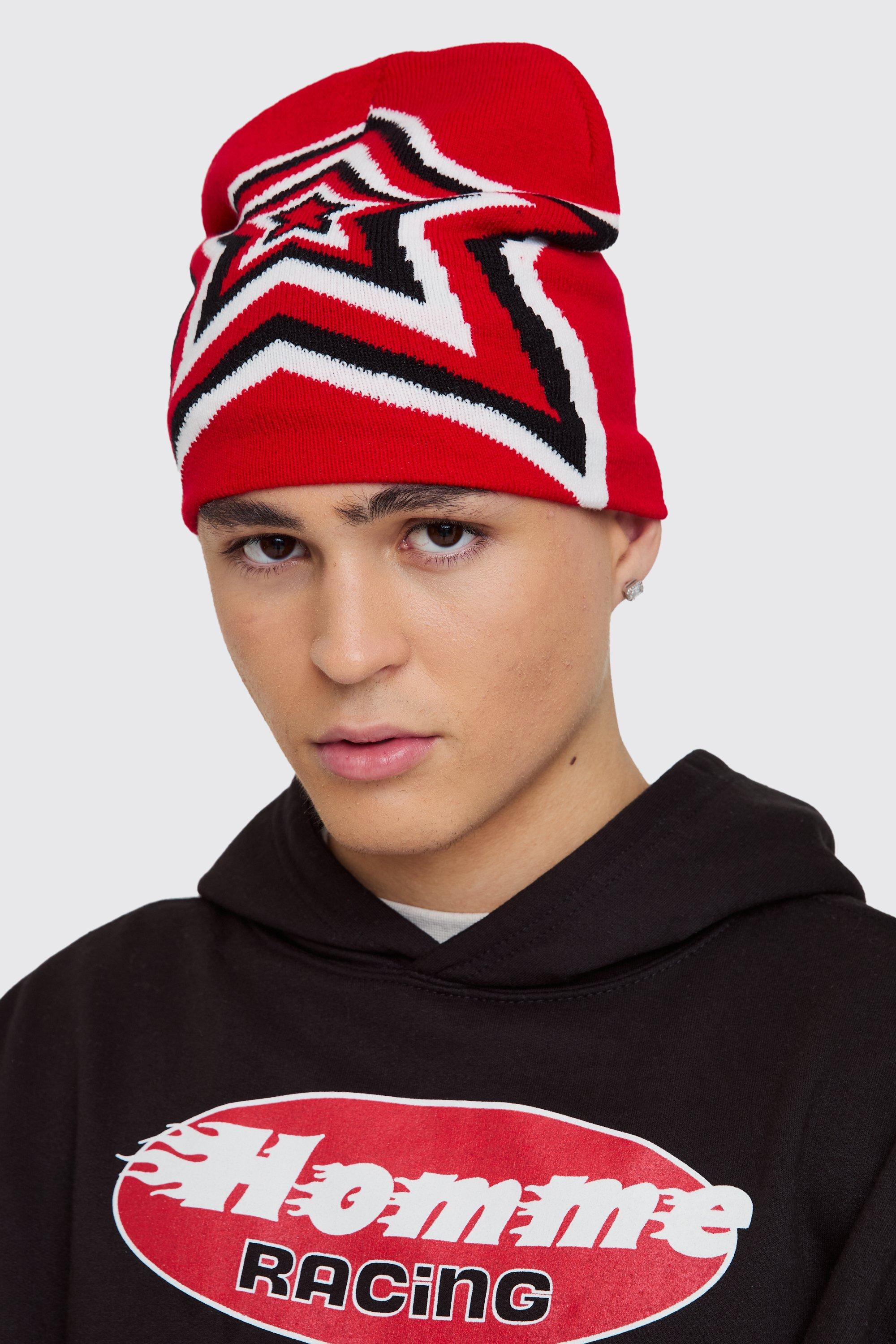 Mens Star Graphic Beanie in Red, Red