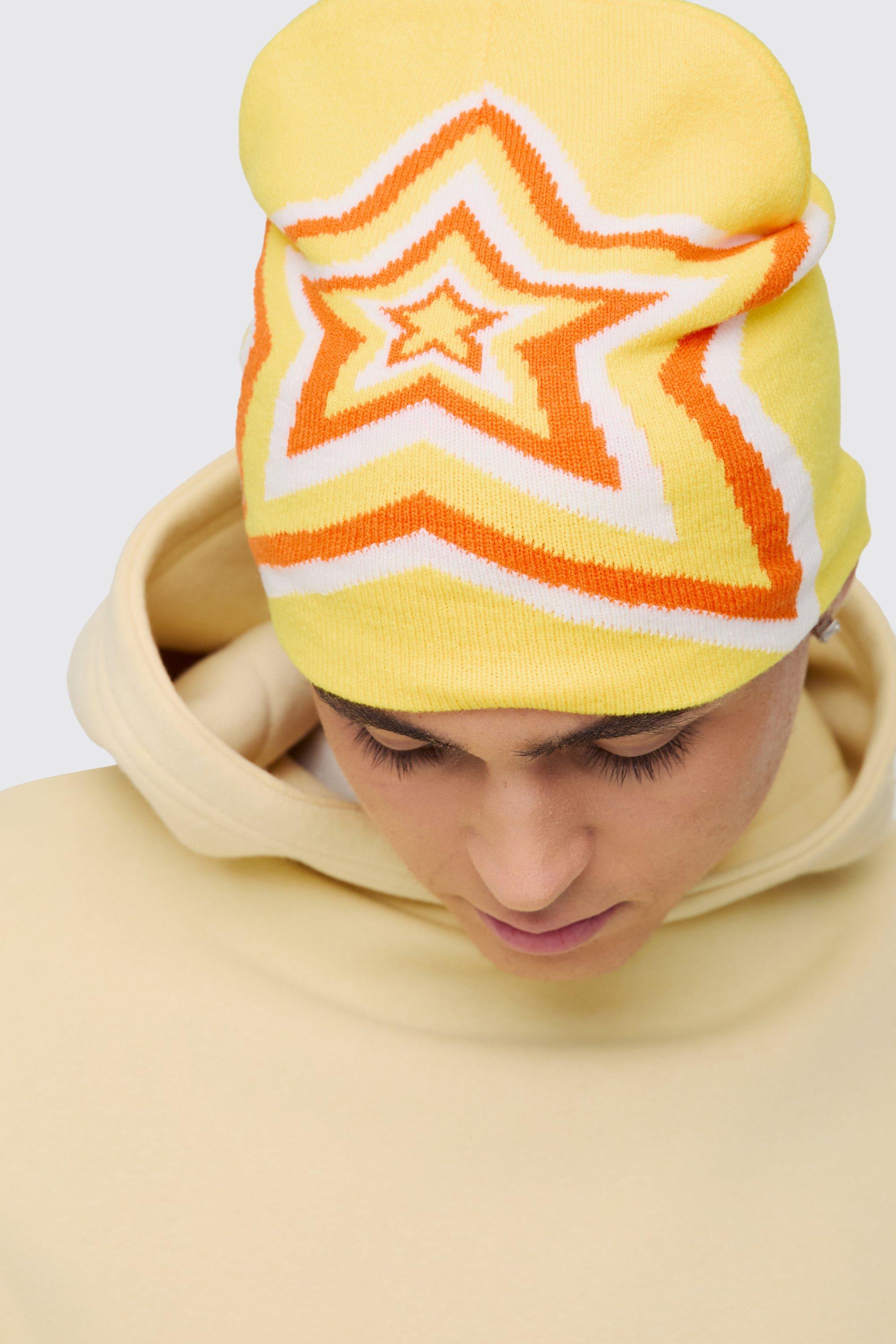 Mens Star Graphic Beanie in Yellow, Yellow