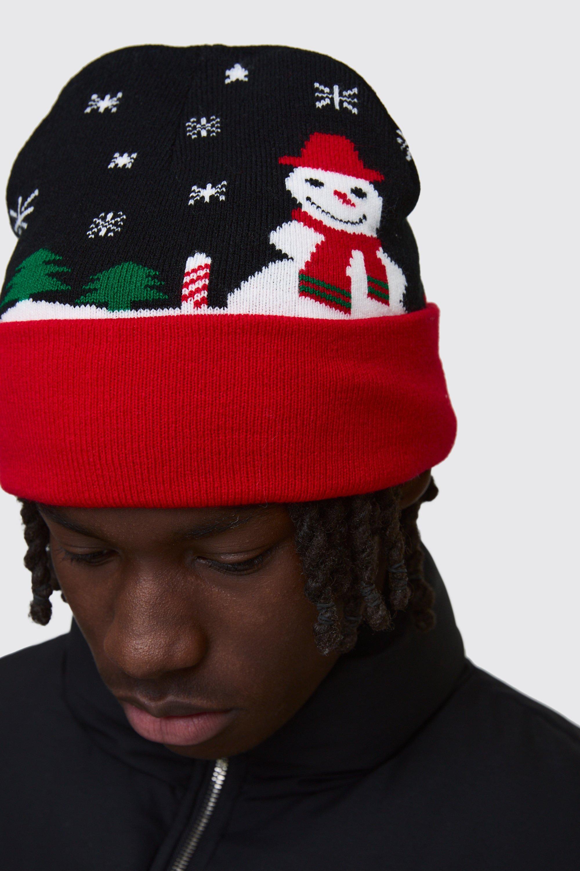 Mens Festive Graphic Beanie in Black, Black