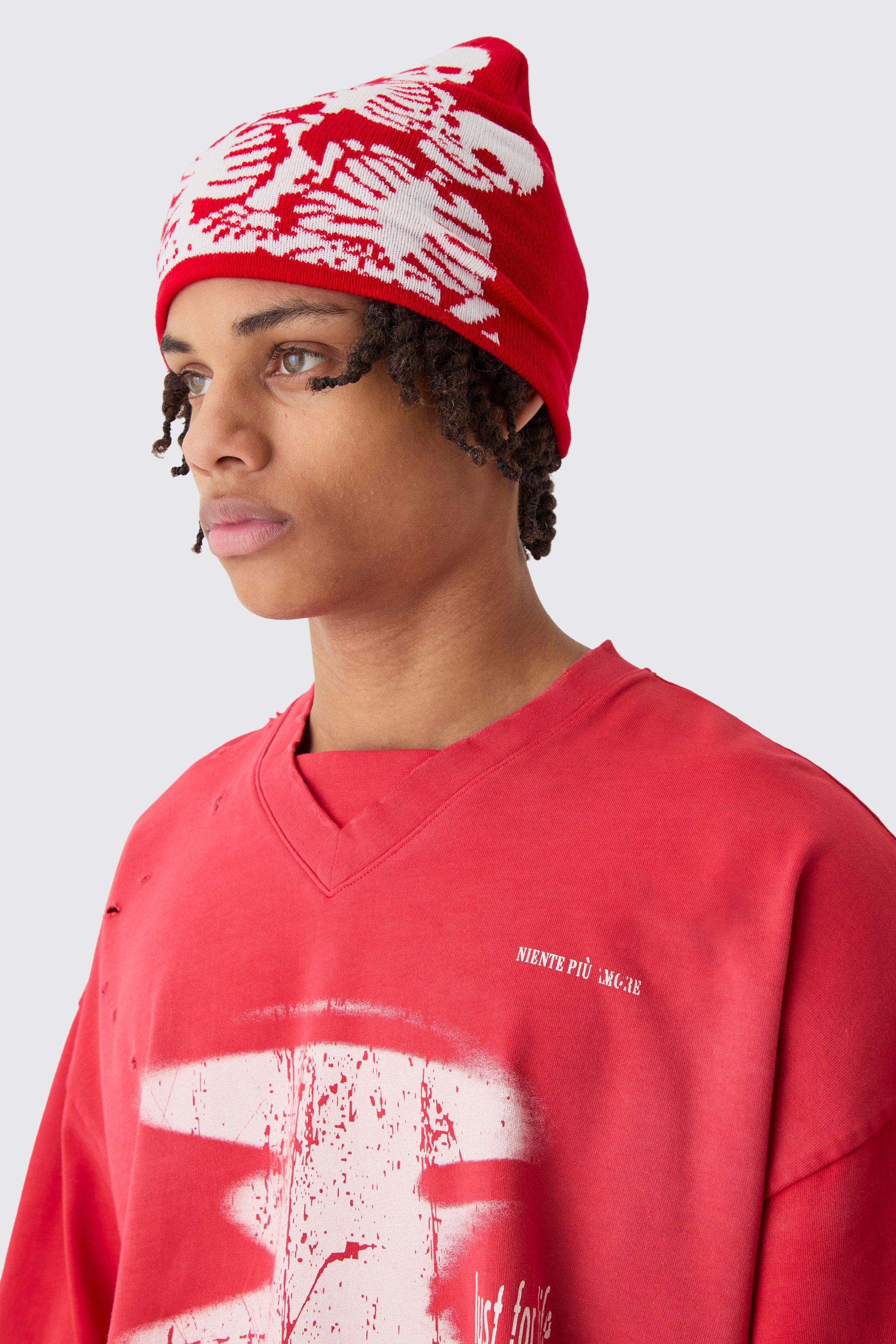 Mens Skeleton Graphic Beanie in Red, Red