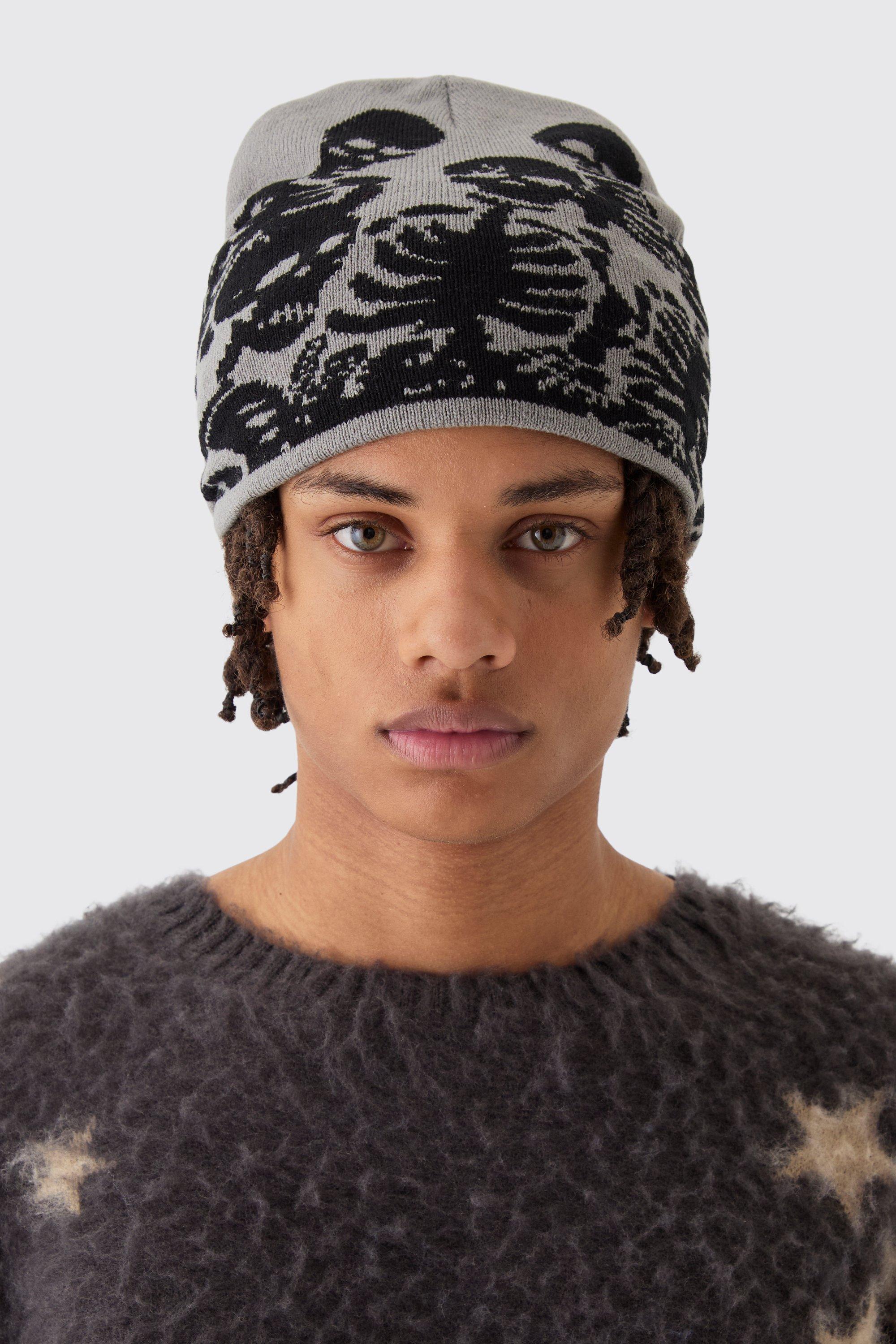 Mens Grey Skeleton Graphic Beanie in Charcoal, Grey