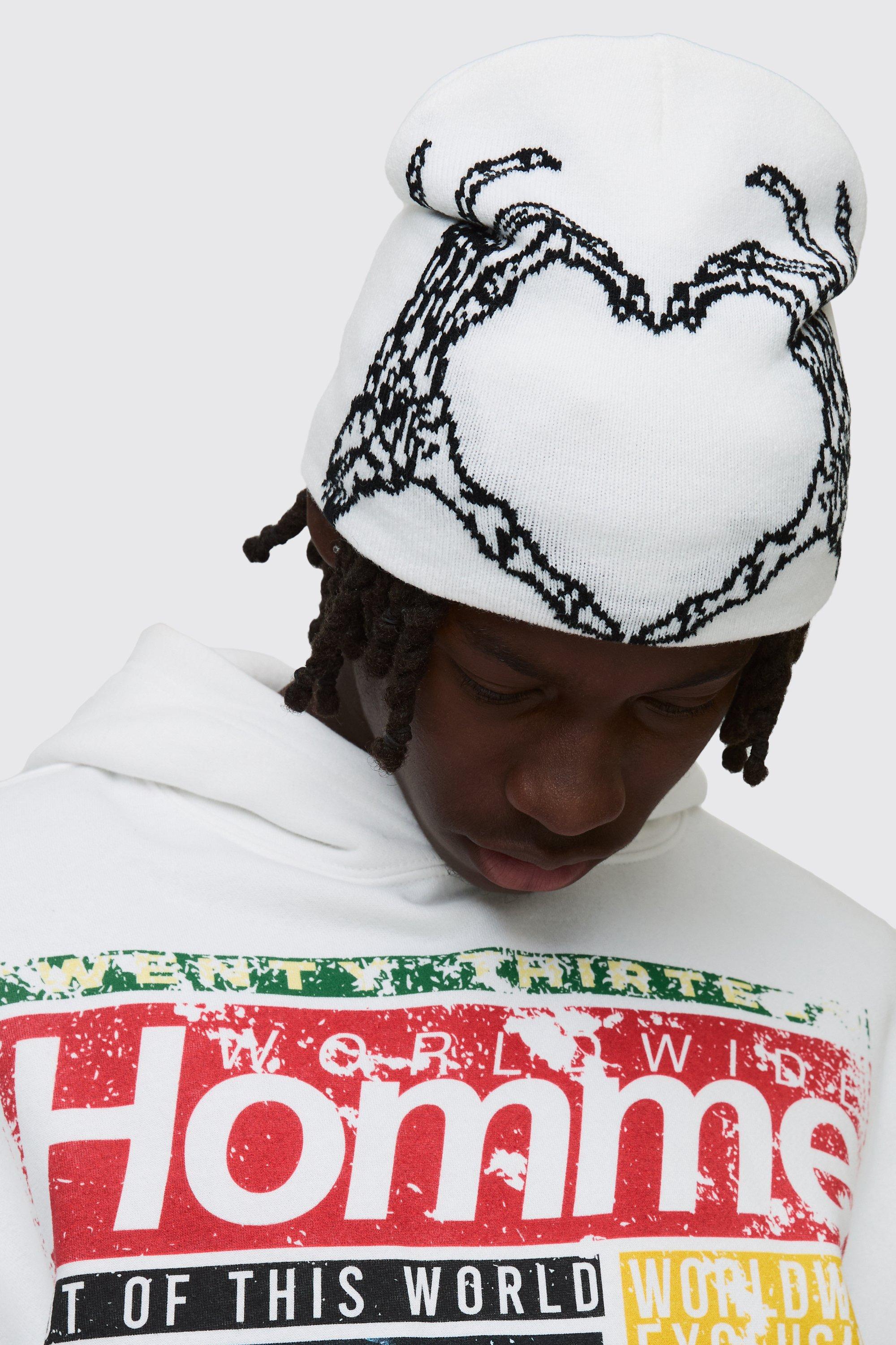 Mens Skeleton Heart Graphic Beanie in White, White