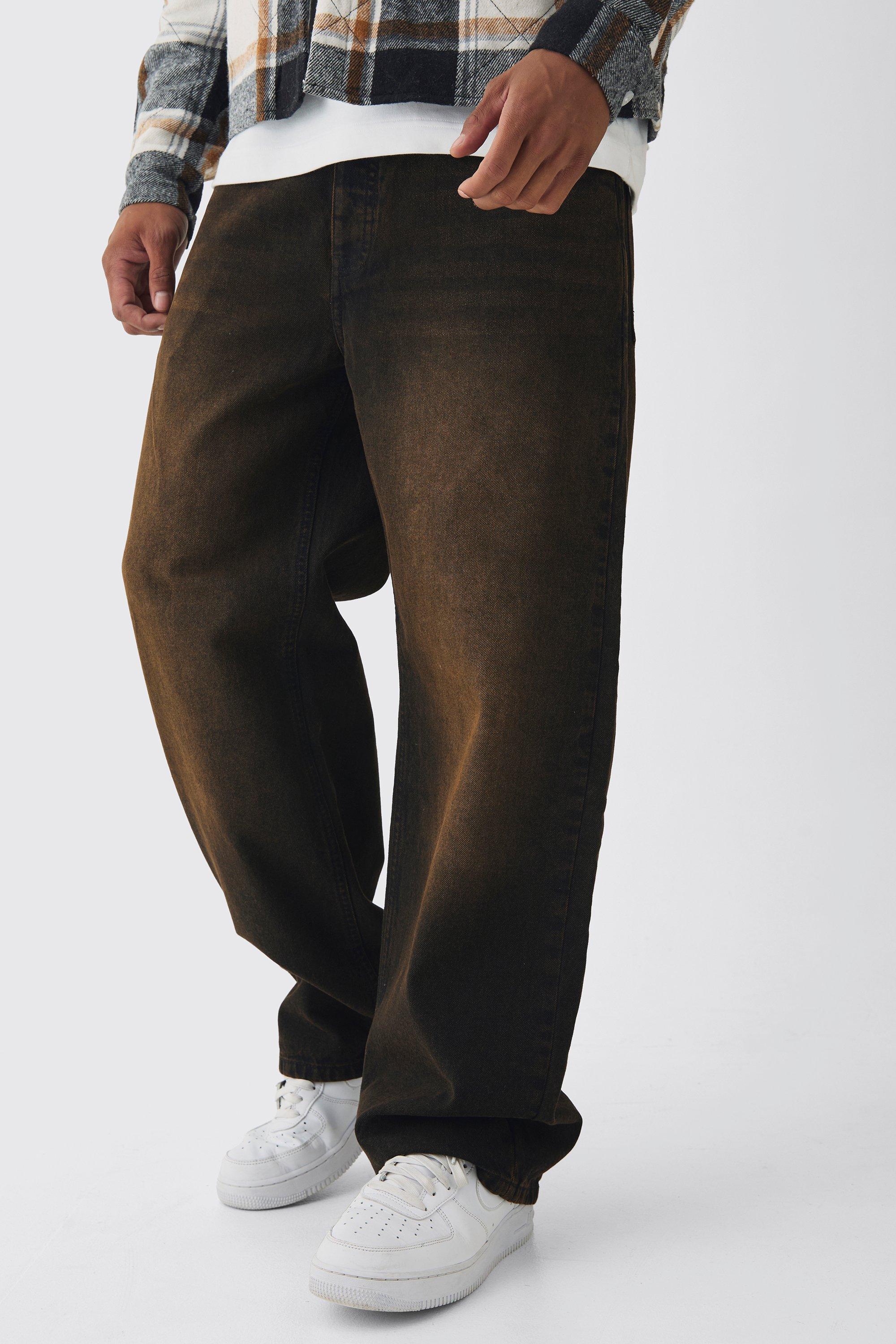 Jeans rilassati in denim rigido slavato marrone, Brown