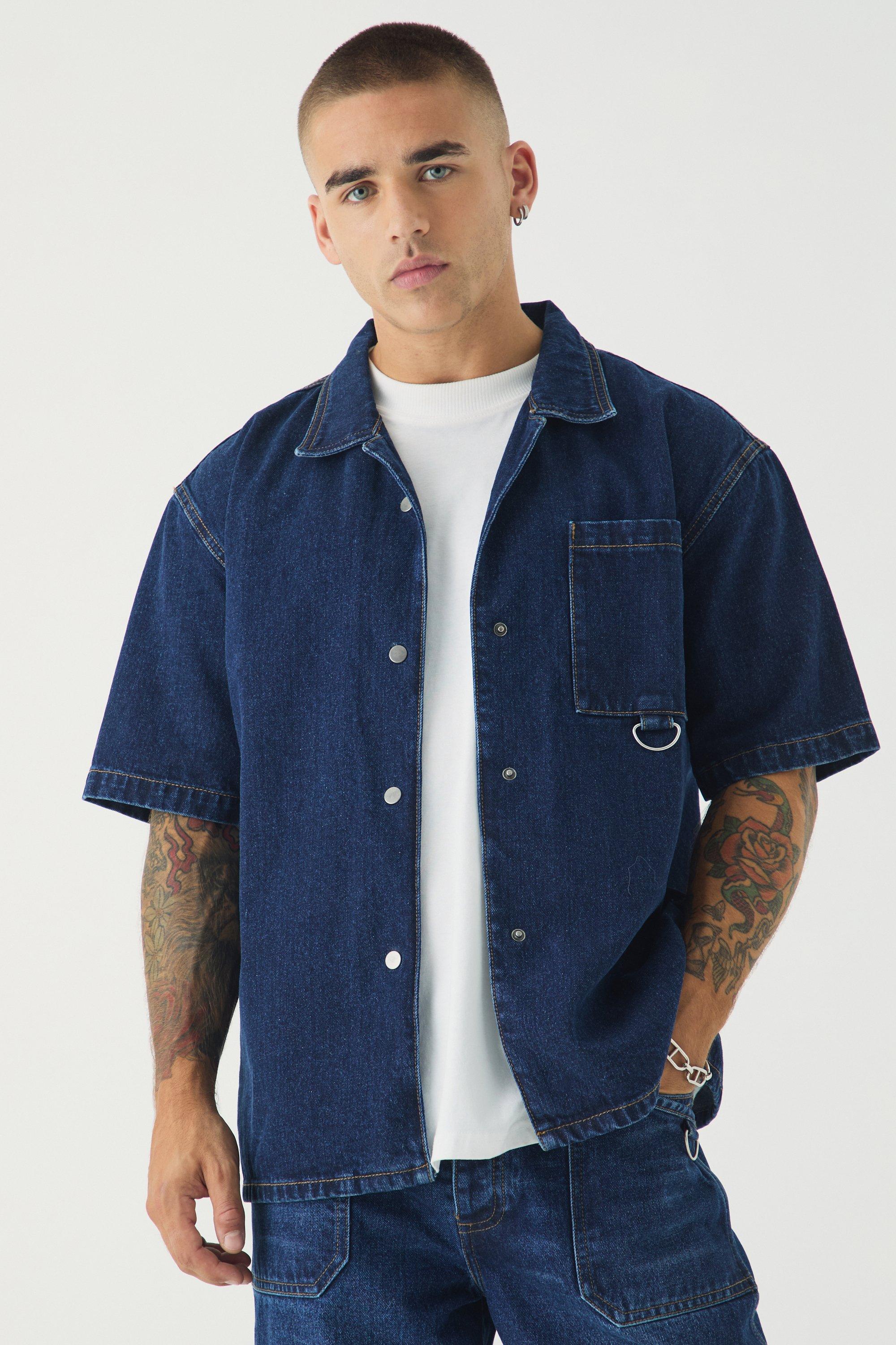 Mens Blue Short Sleeve Oversized Boxy Revere Denim Shirt, Blue