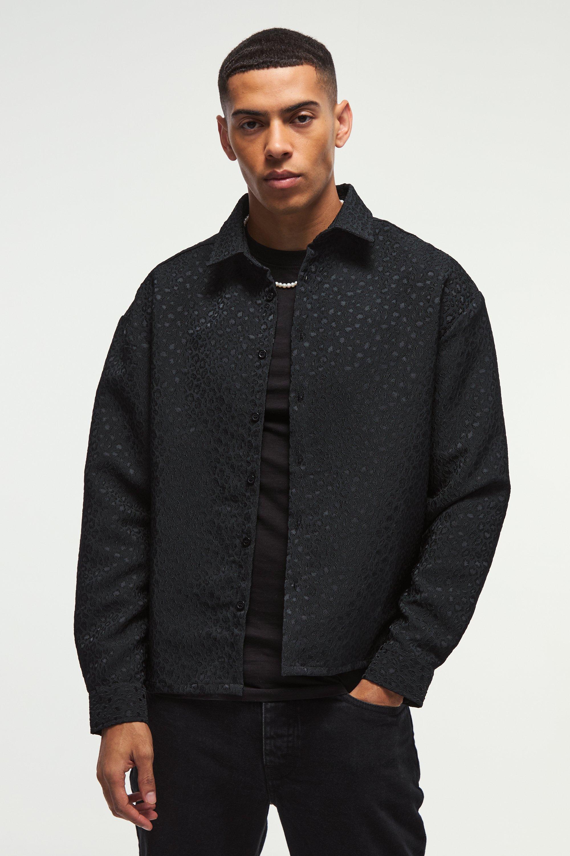 Mens Black Oversized Leopard Jacquard Overshirt, Black