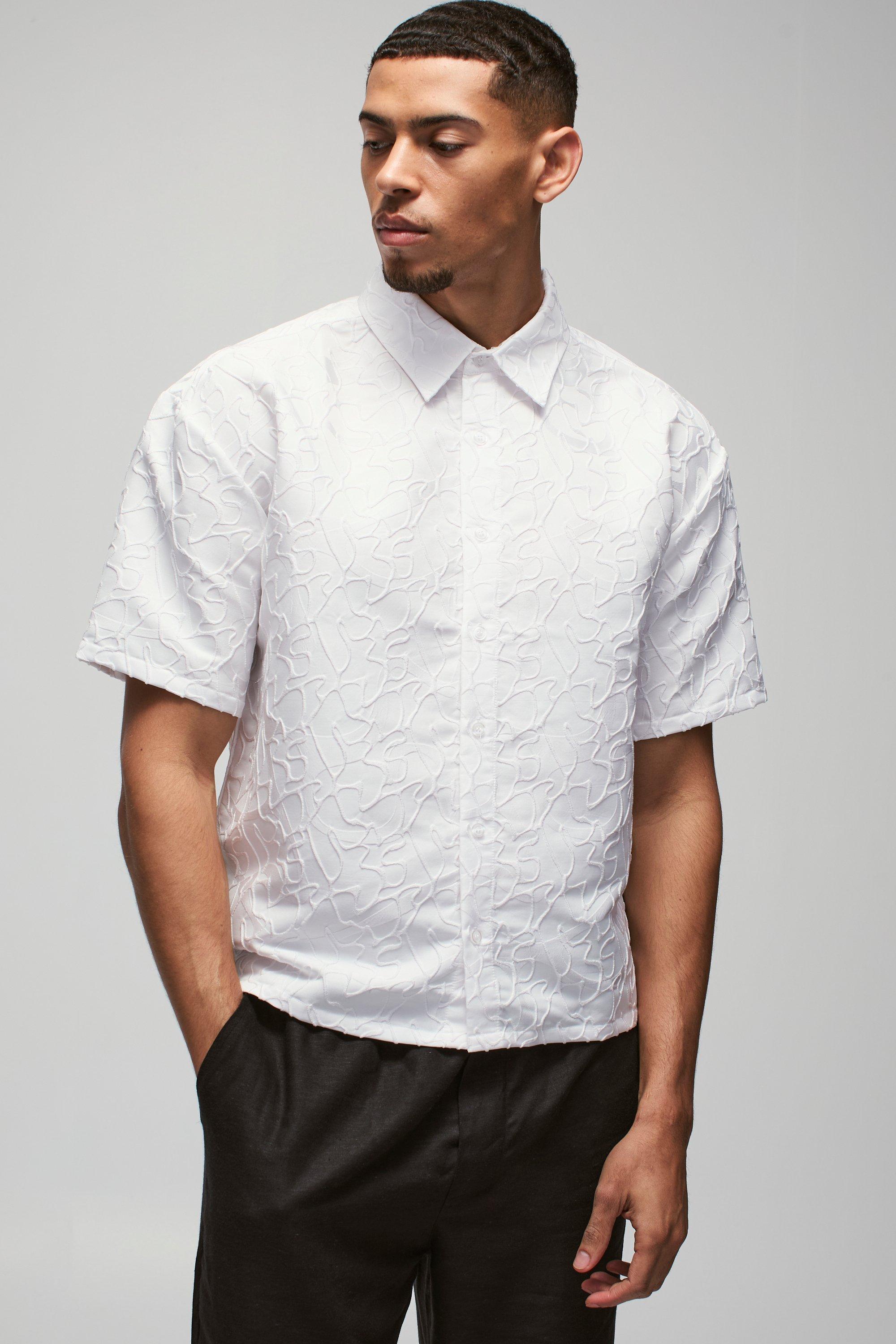 Camicia squadrata oversize in jacquard con stampa astratta, Bianco