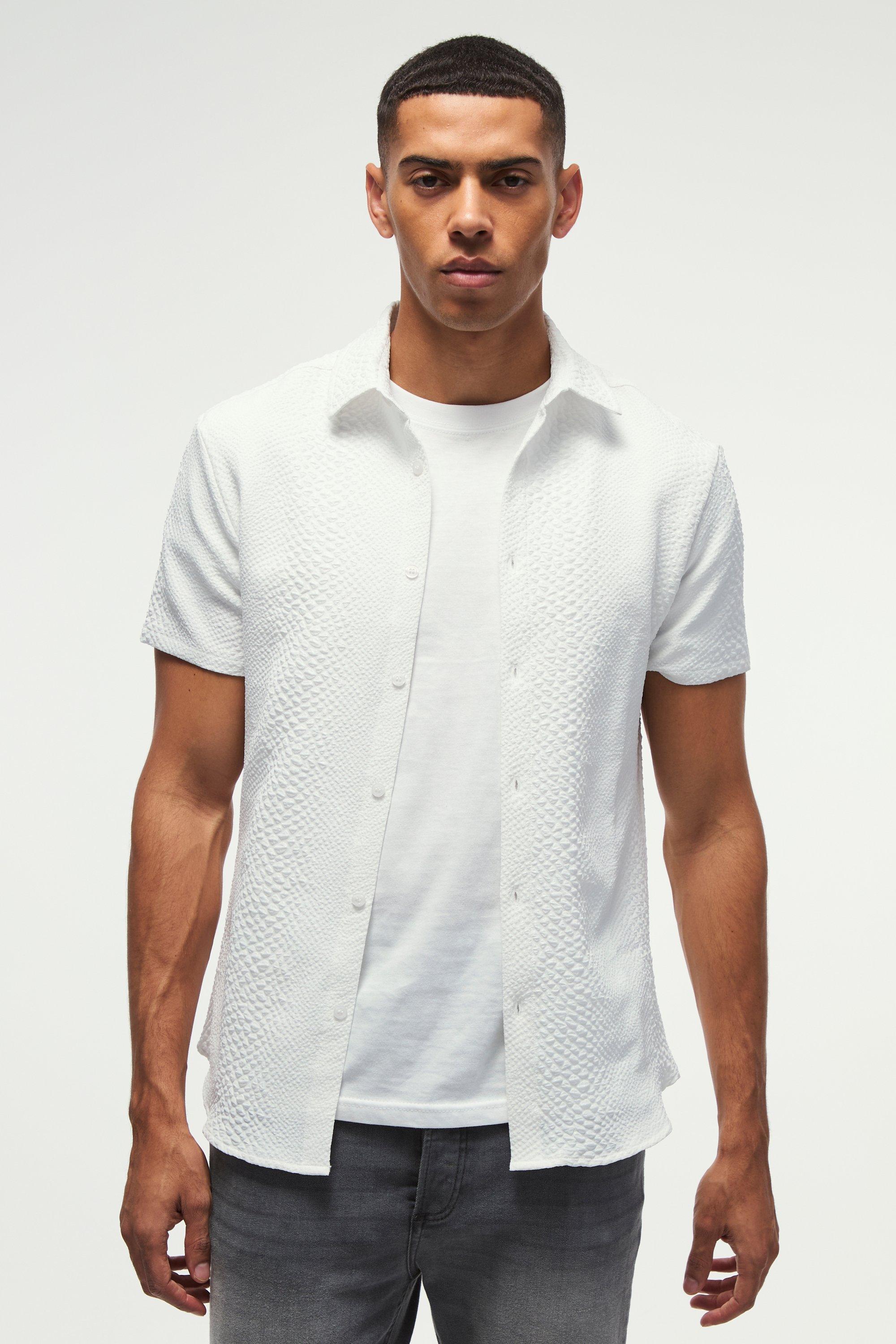 Camicia Slim Fit in jacquard effetto pelle di serpente con colletto, Bianco