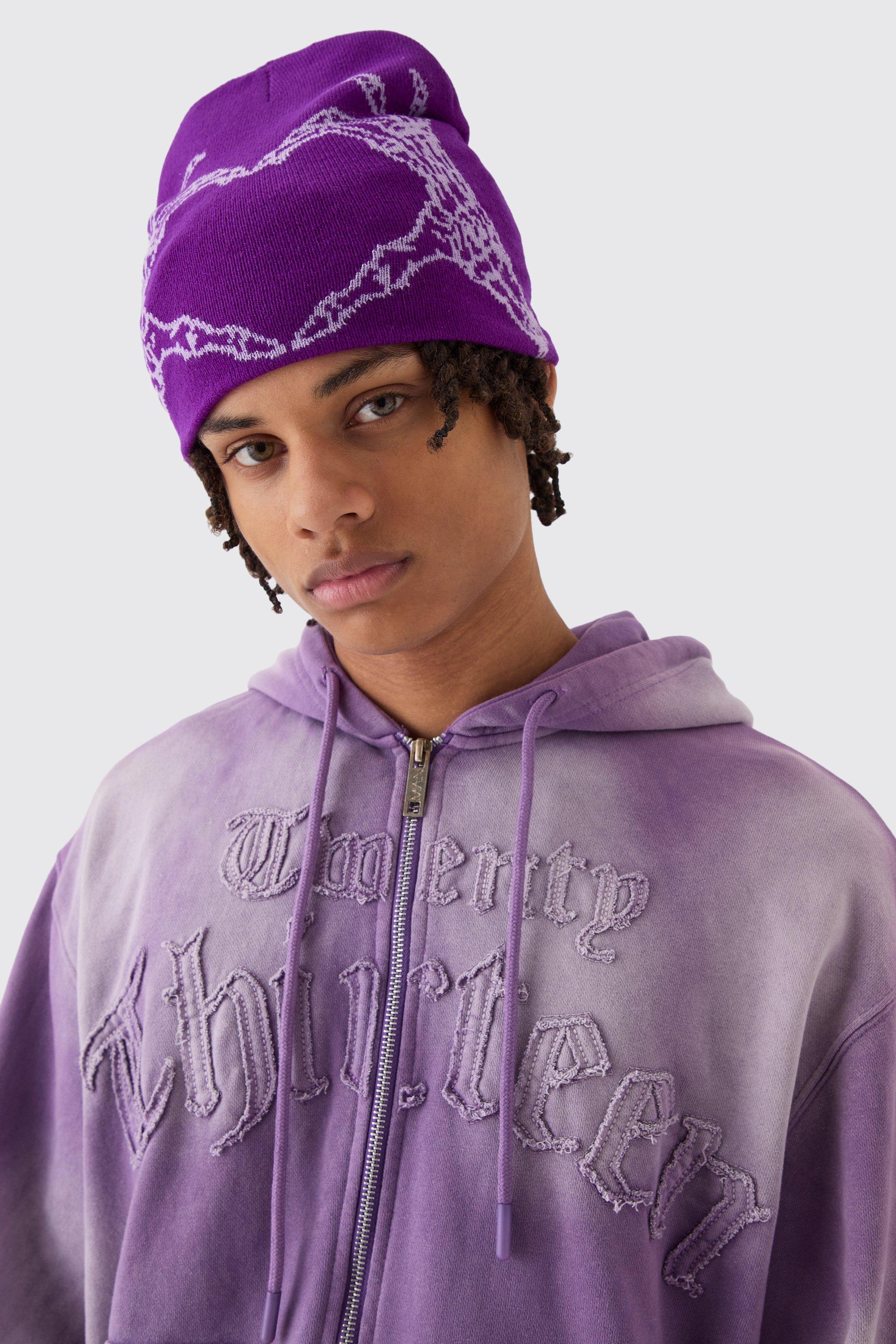 Mens Skeleton Heart Graphic Beanie in Purple, Purple