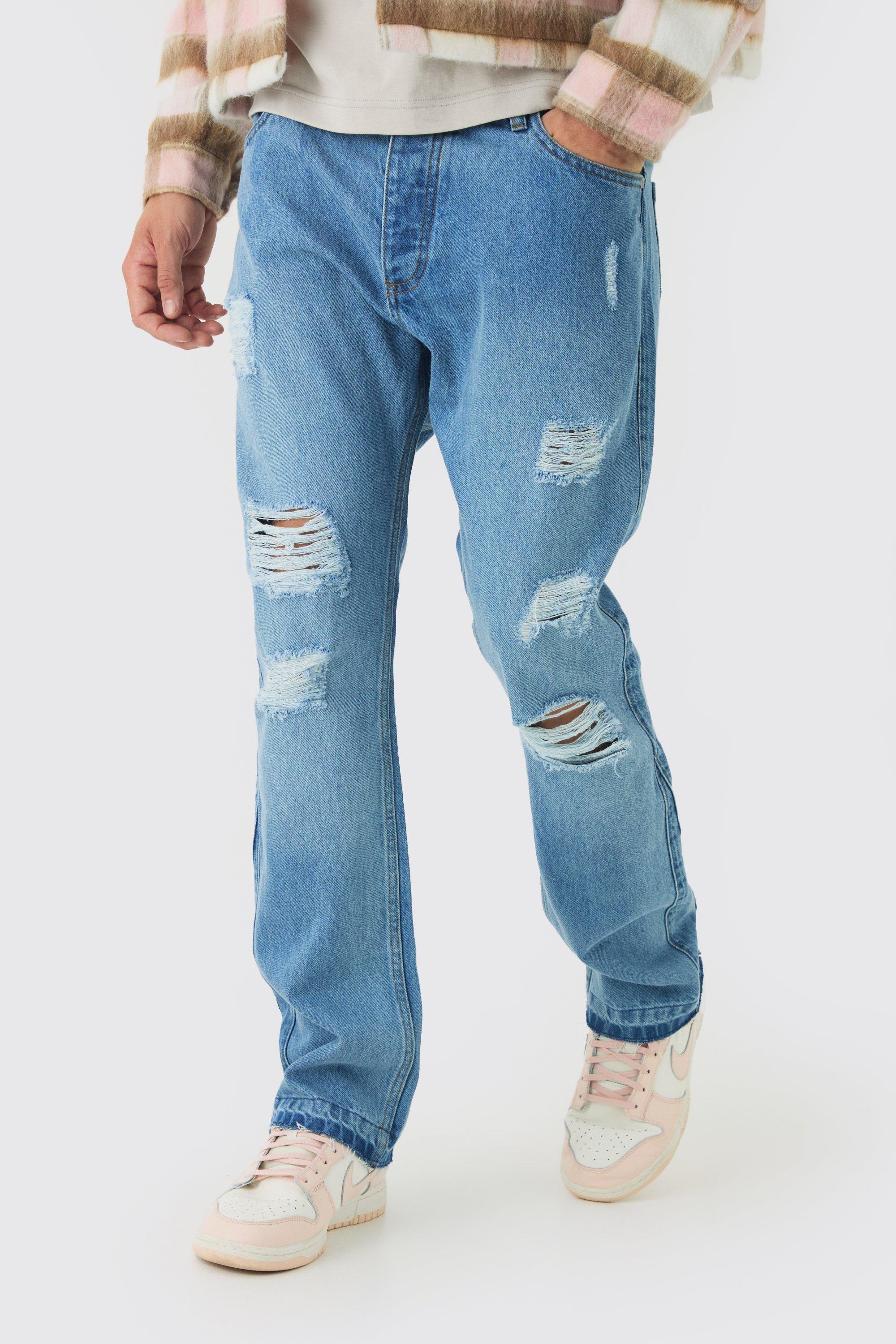 Mens Blue Slim Fit Flared Ripped Knee Jeans With Let Down Hem, Blue