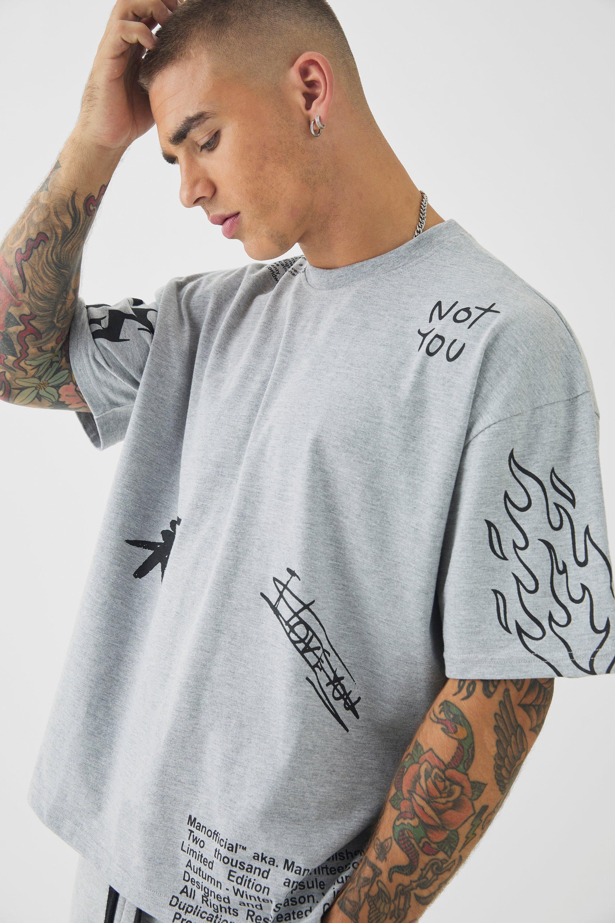 T-shirt squadrata oversize AOP con ghirigori, Grigio